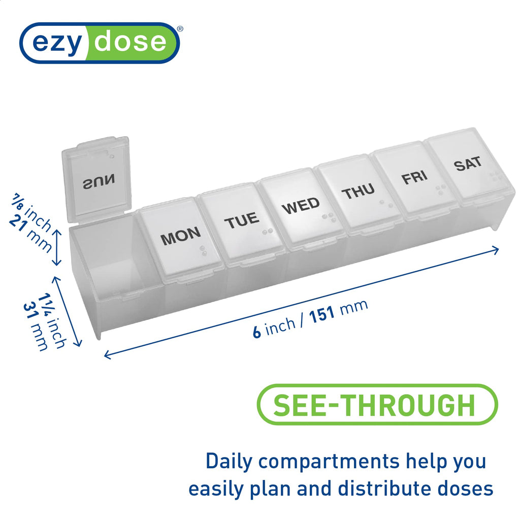 EZY DOSE Weekly (7-Day) Pill Organizer, Vitamin Planner, and Medicine Box, Large Compartments, Clear, Made in The USA
