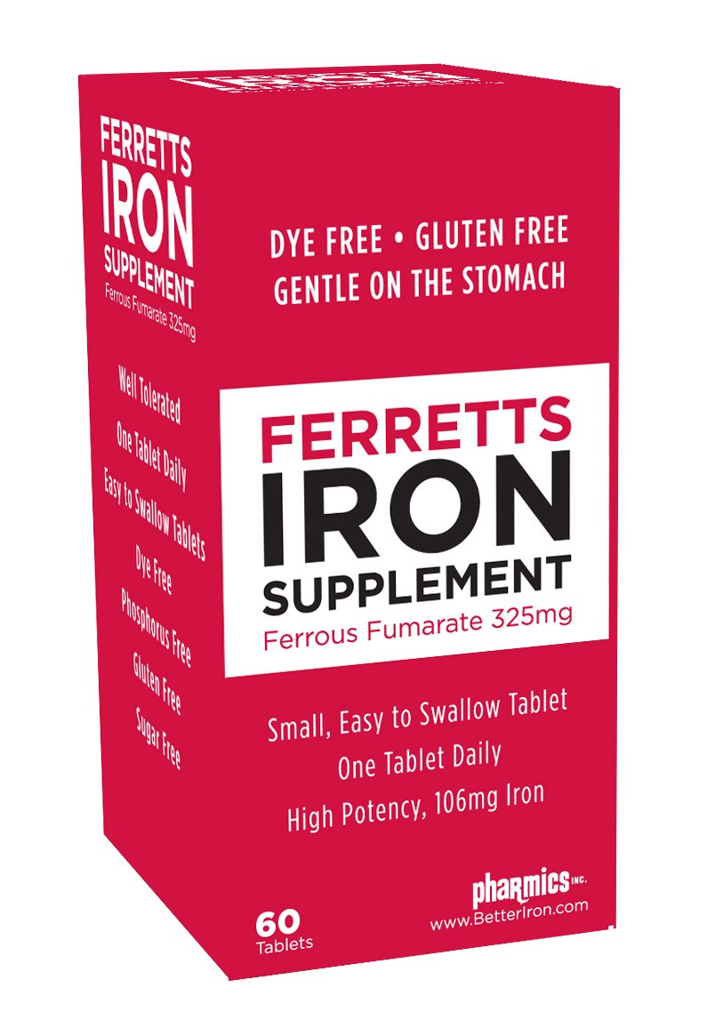Ferretts Iron Tablets 106mg (325mg Ferrous Fumarate) - 60 Day Supply of High Potency Iron Supplements for Women & Men - Gentle &