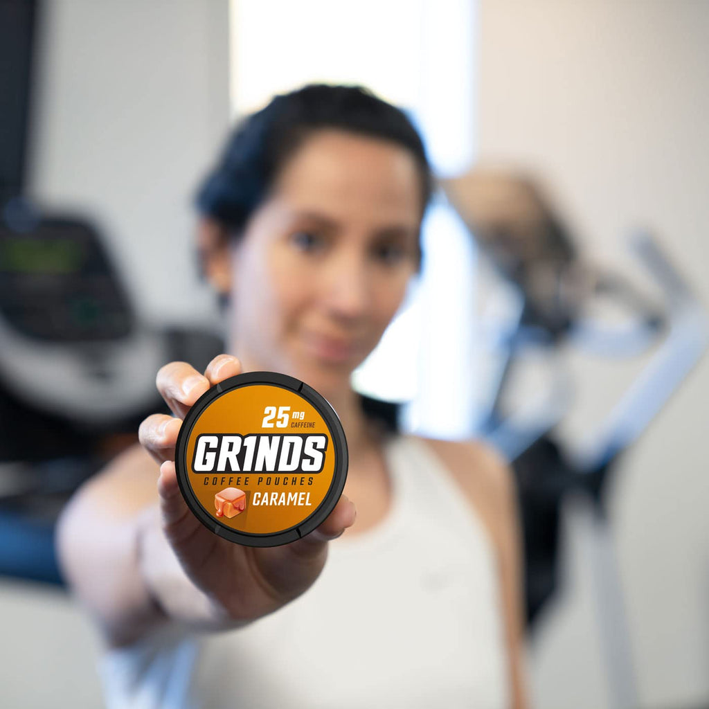 Grinds Coffee Pouches | Tobacco Free, Nicotine Free Healthy Alternative | 6 Cans of Caramel | 18 Pouches Per Can | 1 Pouch eq. 1