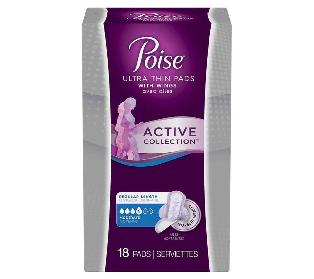 Poise Ultra Thin Pads with Wings Active Collection (Moderate - 18 Pads)