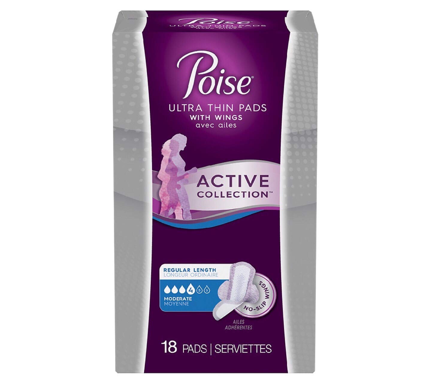 Poise Ultra Thin Pads with Wings Active Collection (Moderate - 18 Pads)