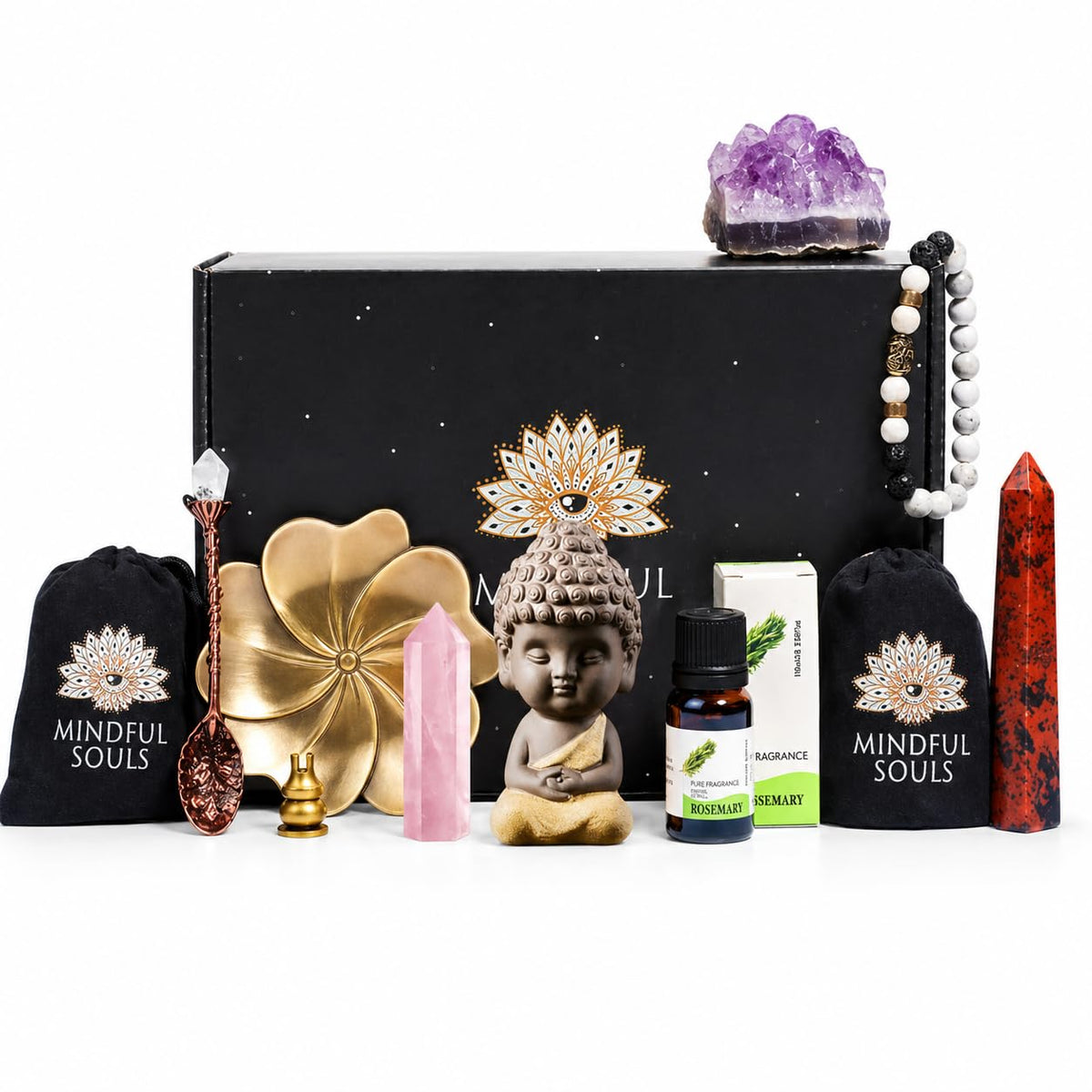 Mindful Souls Spiritual Healing Gift Set  Meditation & Mindfulness Box with Buddha Figurine, Healing Crystals, Mala Beads, Esse