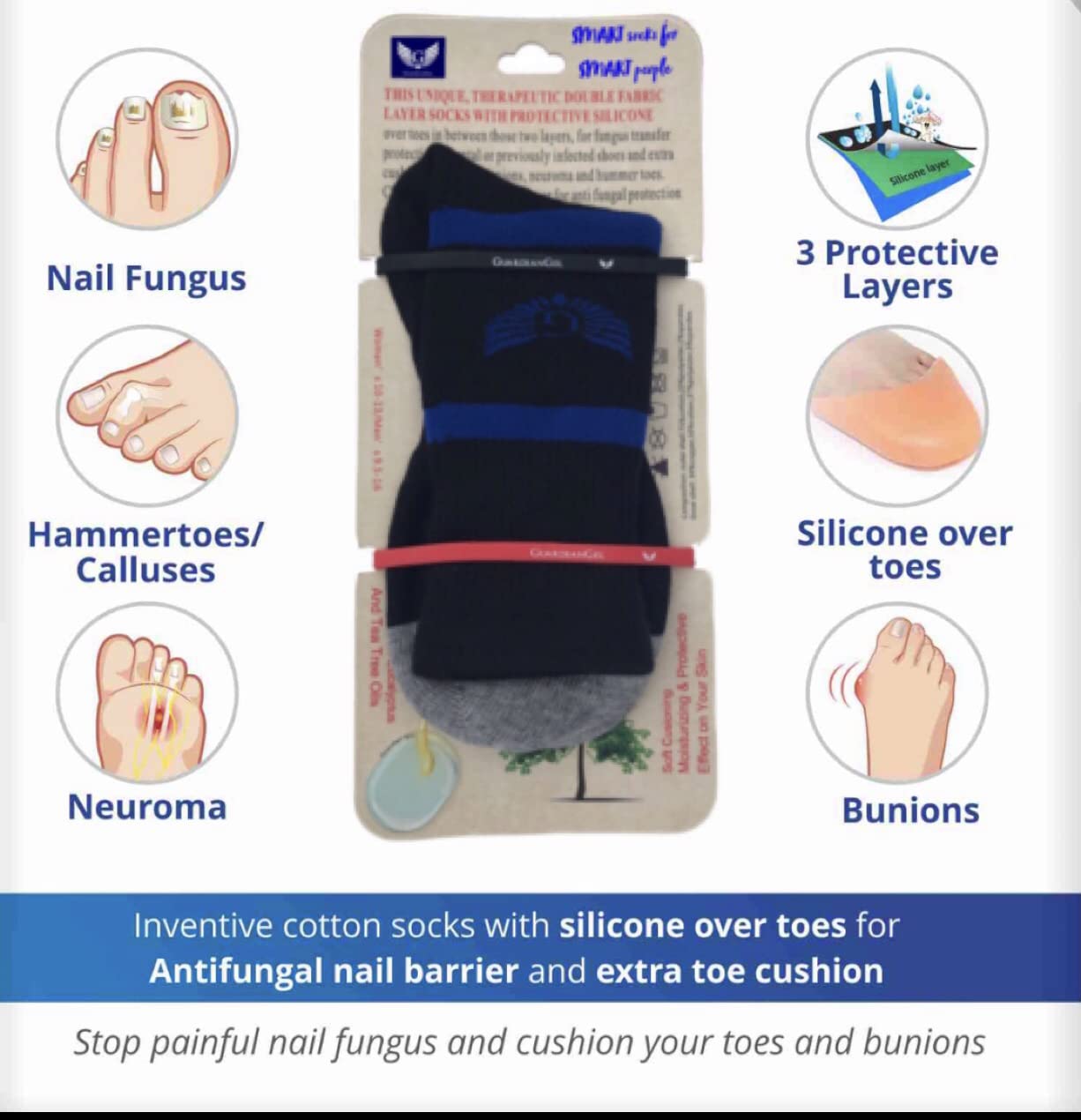 GUARDIANGEL Diabetic Neuropathy Socks, Silicone Cushion Over Toes in Cotton Fabric Layers, toenails Guard, Compression socks, Cu
