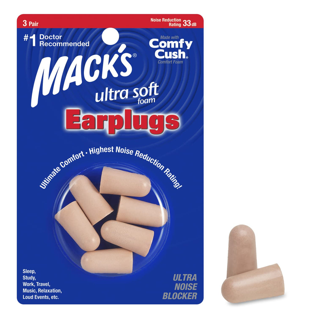 Macks Ultra Soft Foam Earplugs, 3 Pair - 33dB Highest NRR, Comfortable Ear Plugs for Sleeping, Snoring, Travel, Concerts, Study