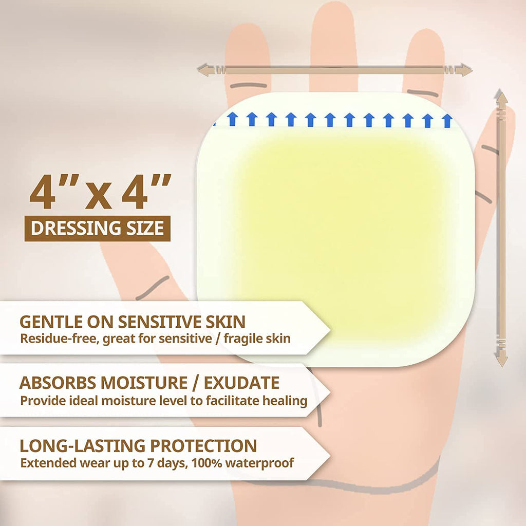EVERLIT Hydrocolloid Wound Dressing | Waterproof Adhesive Bandage 4 x 4 [Pack of 10] | Sterile, Advance Healing for Acne Breakou