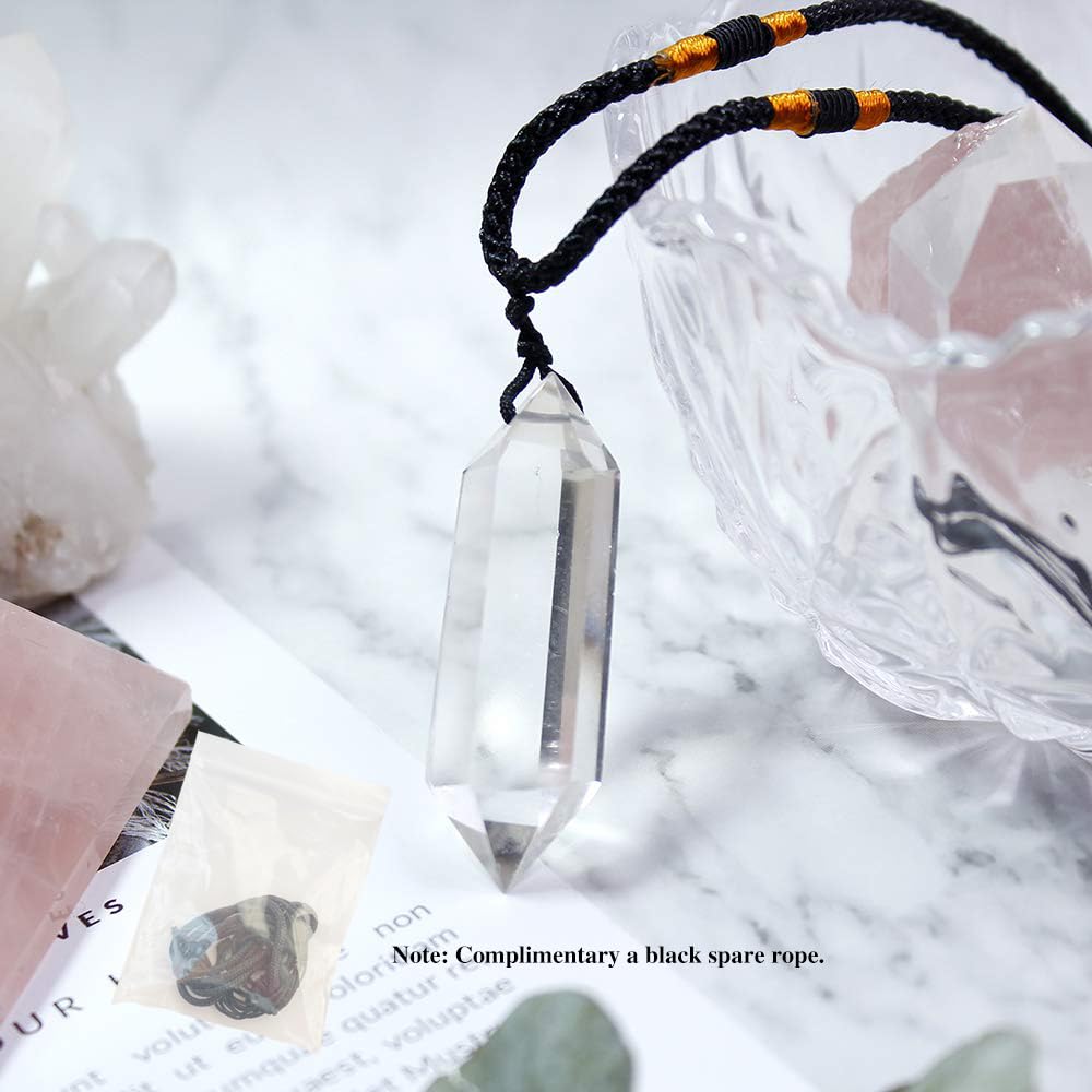 Runyangshi Clear Quartz Healing Crystal Pendants, Double Pointed Natural Crystal Quartz Necklace 6 Faceted Chakra Crystal Wand S