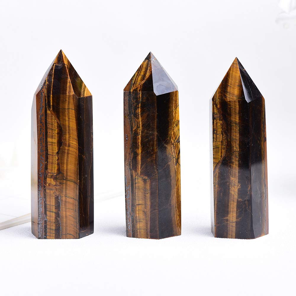 Runyangshi Tiger's Eye Natural Healing Crystal Wands Height 2.4-2.8, 6 Faceted Prism Wand Reiki Chakra Stone, Natural Quartz