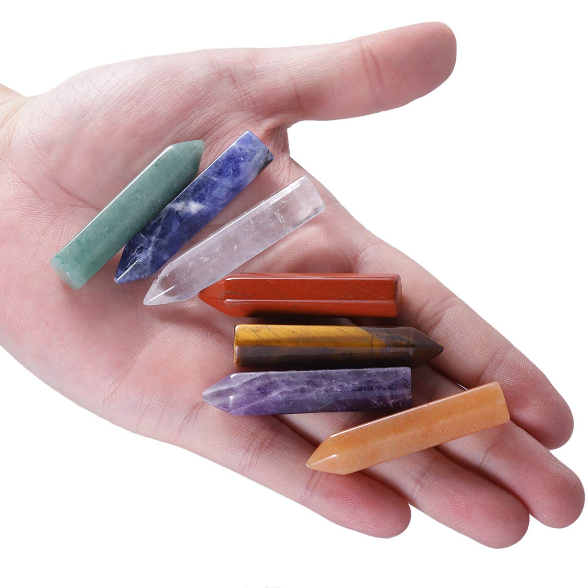 mookaitedecor 7 PCS Chakra Healing Crystal Wands Single Point 6 Faceted Reiki Stone for Meditation Therapy Decor