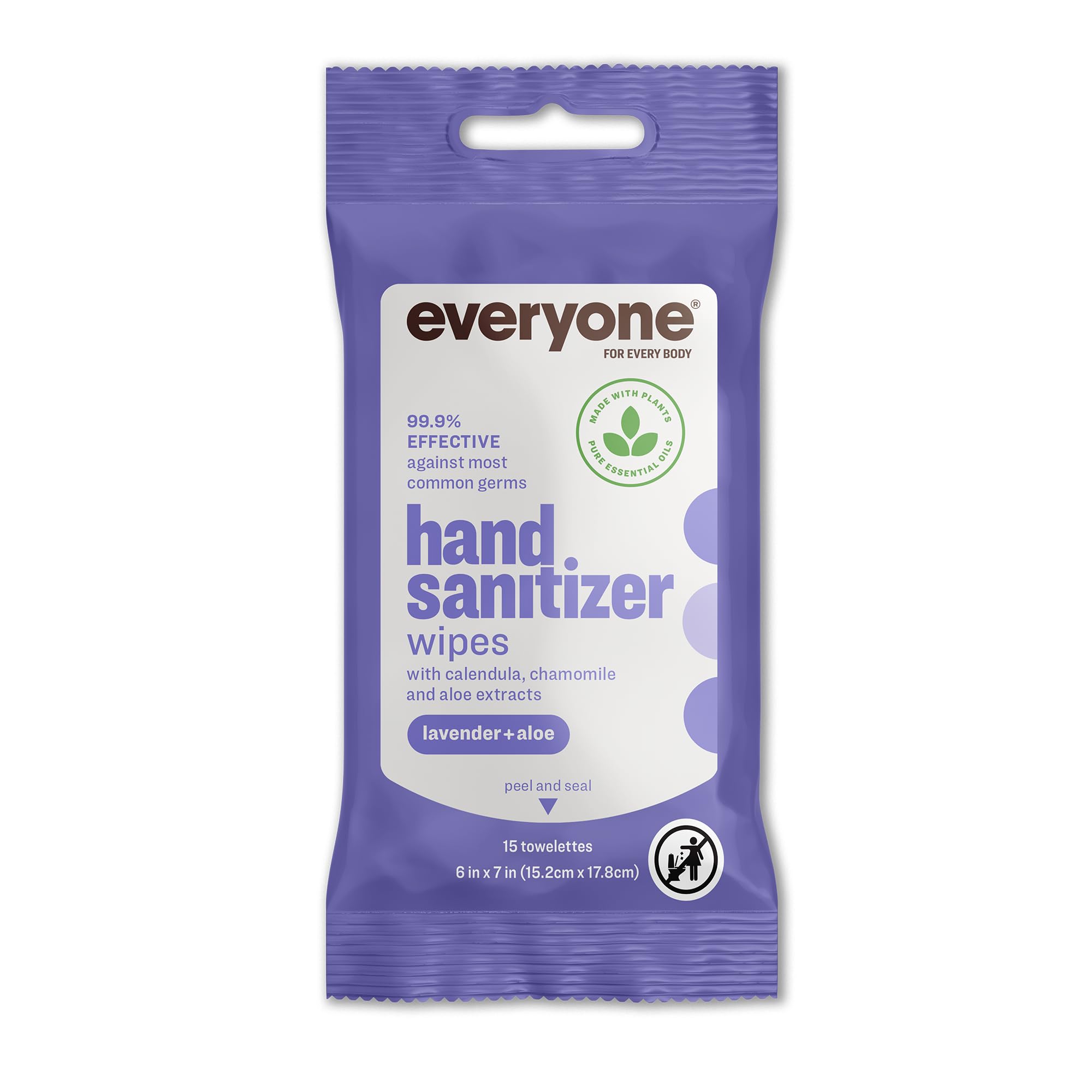 Everyone Hand Sanitizer Wipes, 15 Wipes (Pack of 6), Lavender and Aloe, Sugar Cane Derived Alcohol with Essential Oils, TSA frie