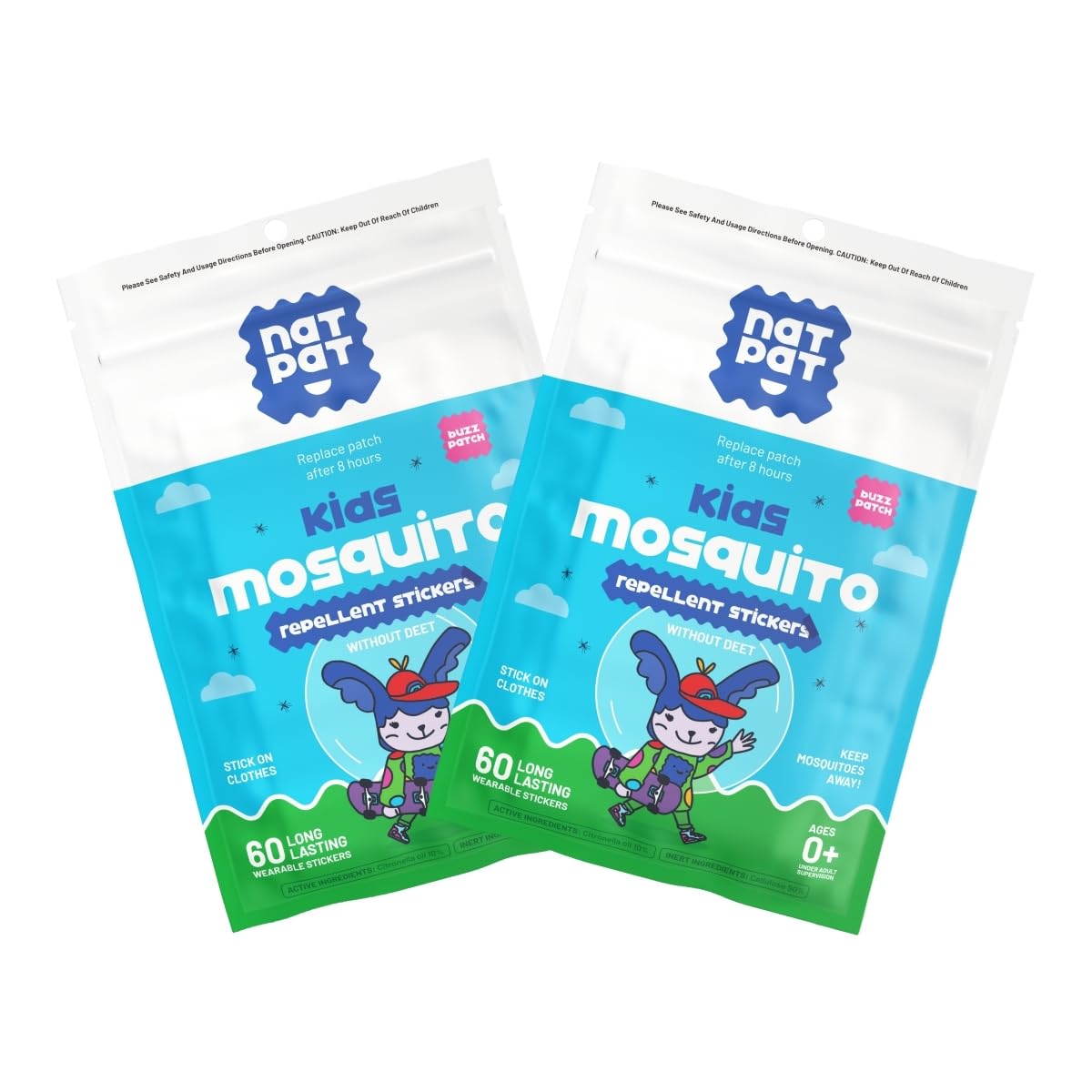 BuzzPatch Mosquito Patch Stickers for Kids (60 Pack) - All Natural, Plant Based Ingredients, Non-Toxic, DEET Free, Citronella Es