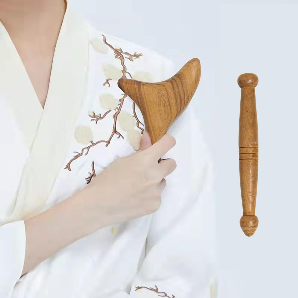 Honbay 2PCS Reflexology Tools Wood Body Massager Triangle Gua Sha Board Scraping Board Foot Massage Stick Tool Head Neck Hand Wa