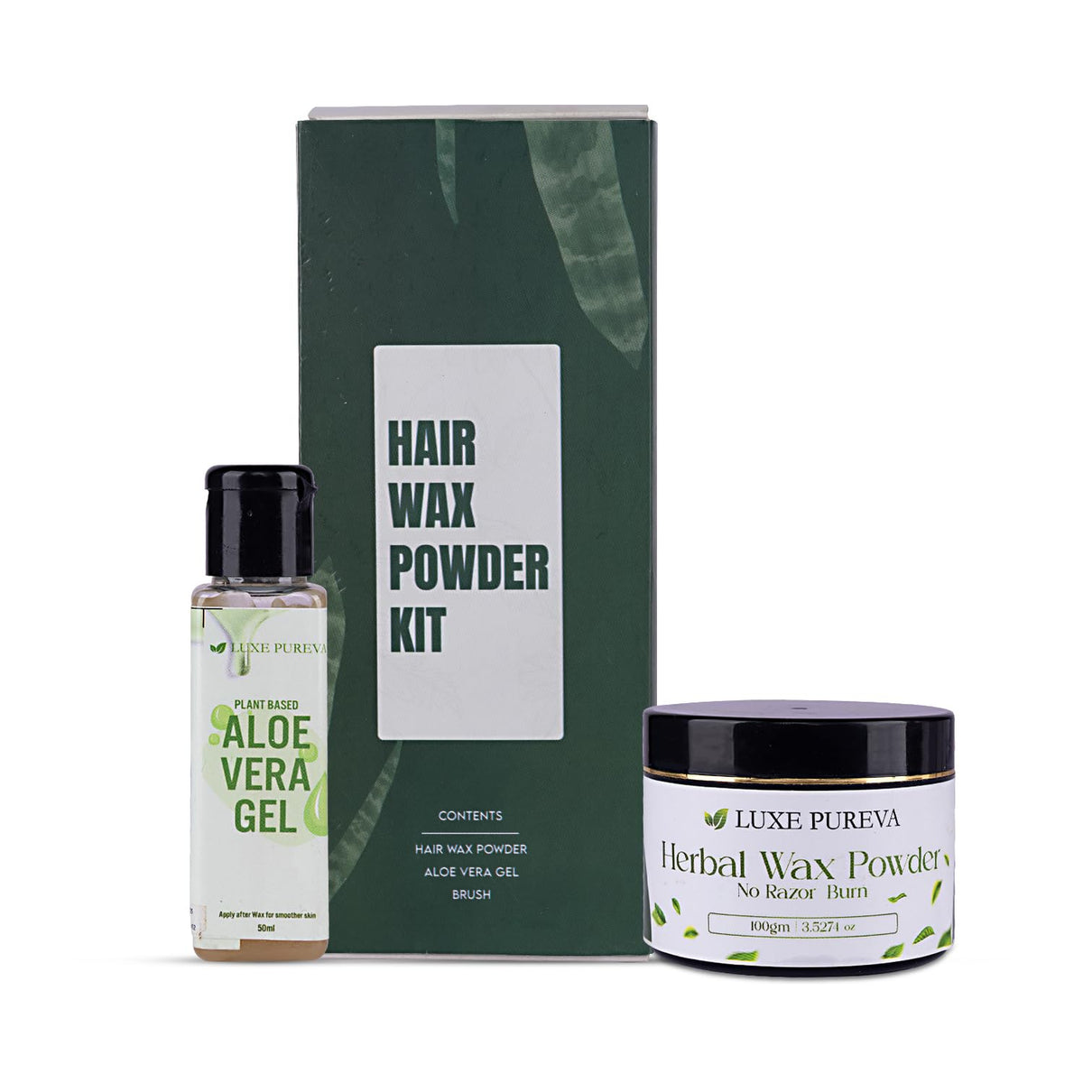 LuxePureva Aloevera Hair Removal Kit (Aloevera Wax Powder(100g | 3.52oz) with Applicator Brush and Aloe Vera Gel 50ml)