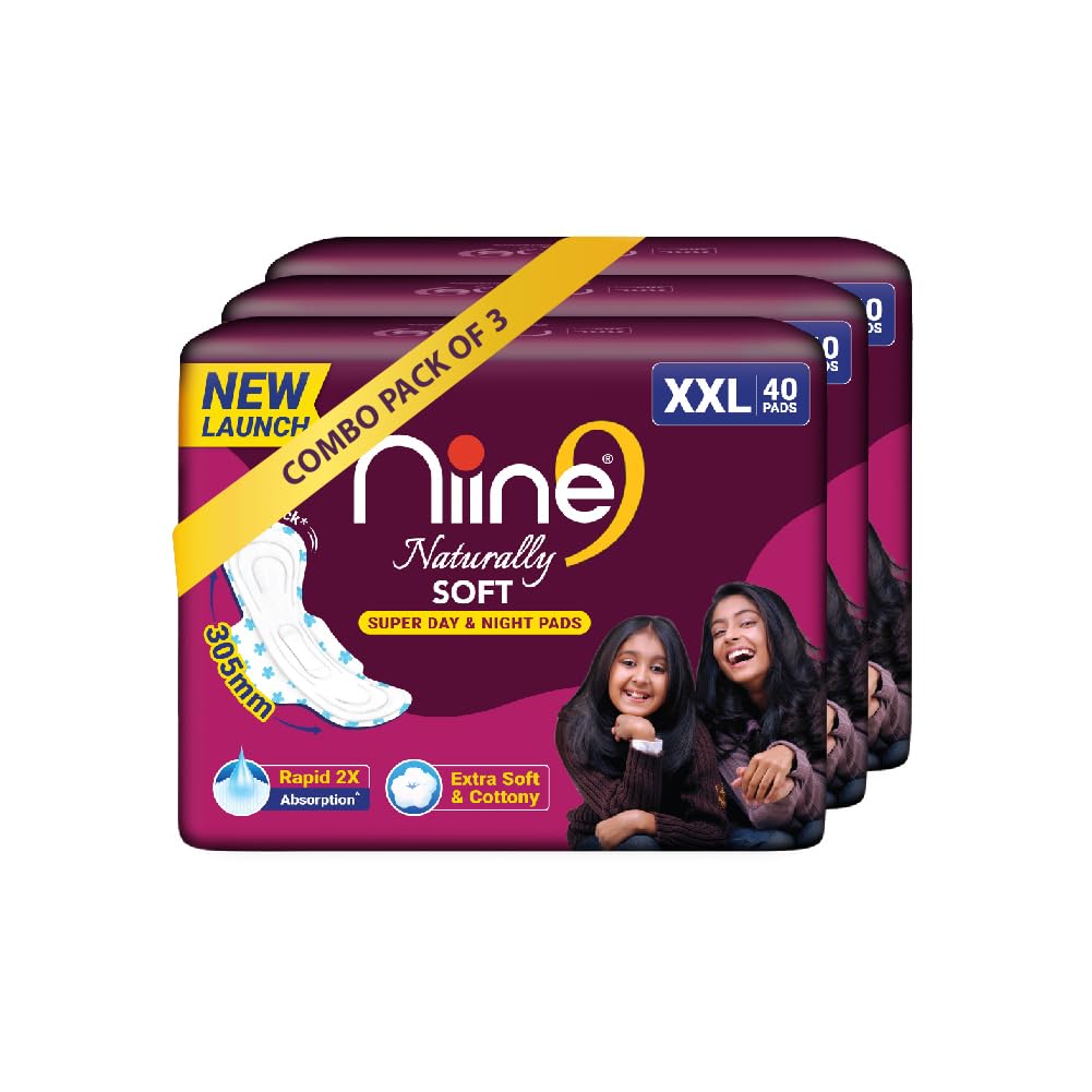 Niine Naturally Soft Xxl Extra Soft & Cottony Sanitary Pads For Women | 305Mm Long | 120 Pads, Pack Of 3 | Super Day & Night Pad