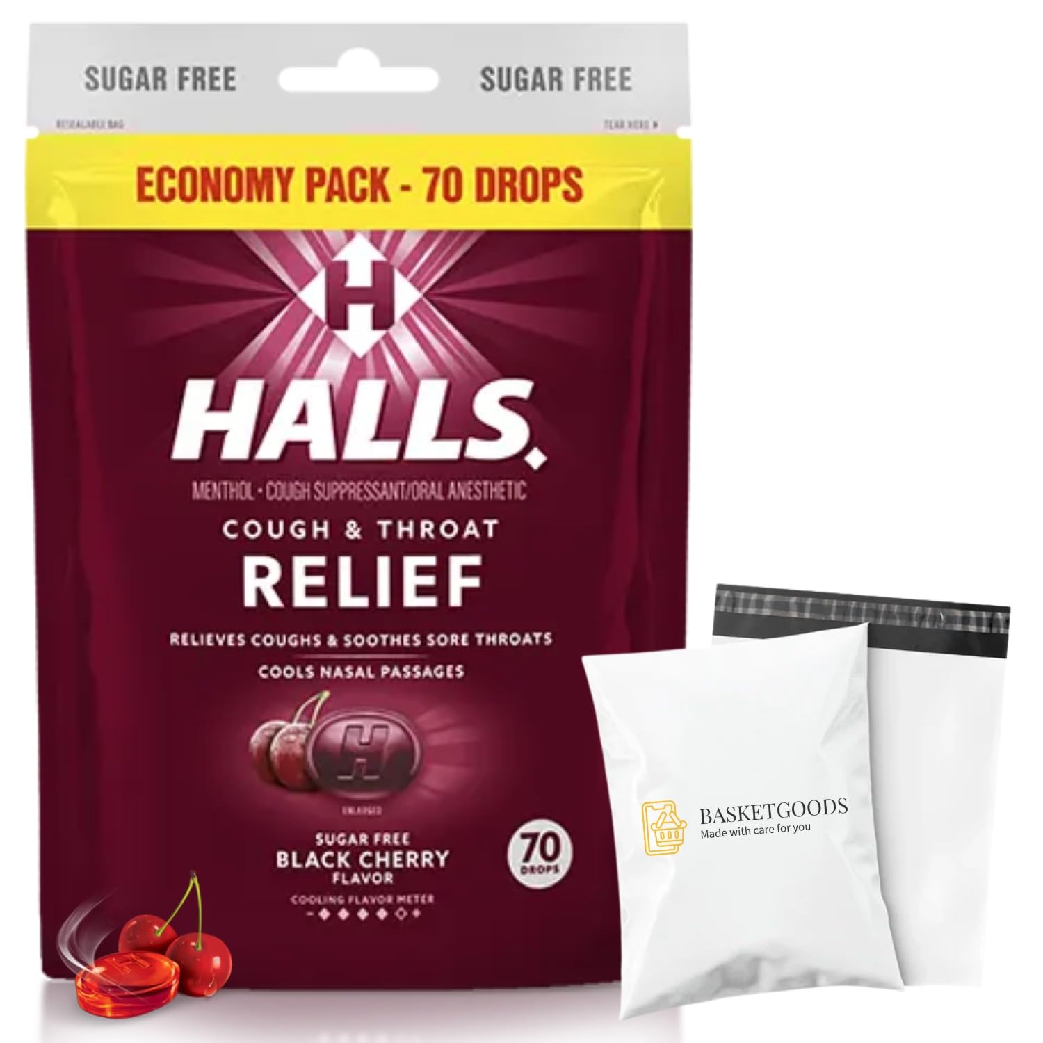 BASKETGOODS Sugar Free Black Cherry - Relief Cough Drops, Sugar Free Cough Drops, Economy Pack 70 Drops (1 Pack), Set with Baske