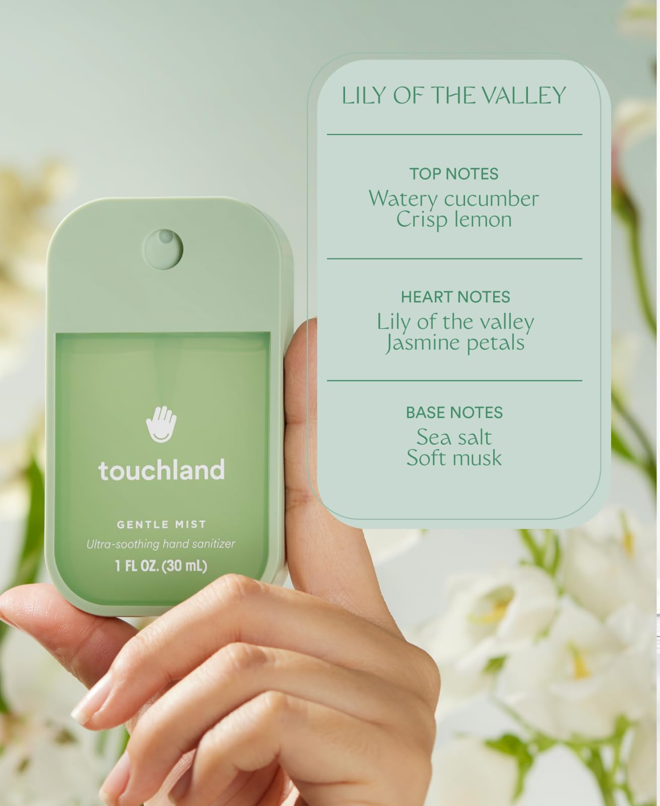 Touchland Gentle Mist Ultra-Soothing Hand Sanitizer Spray, Lily Of The Valley scented, 500-Sprays each, 1FL OZ Travel Size