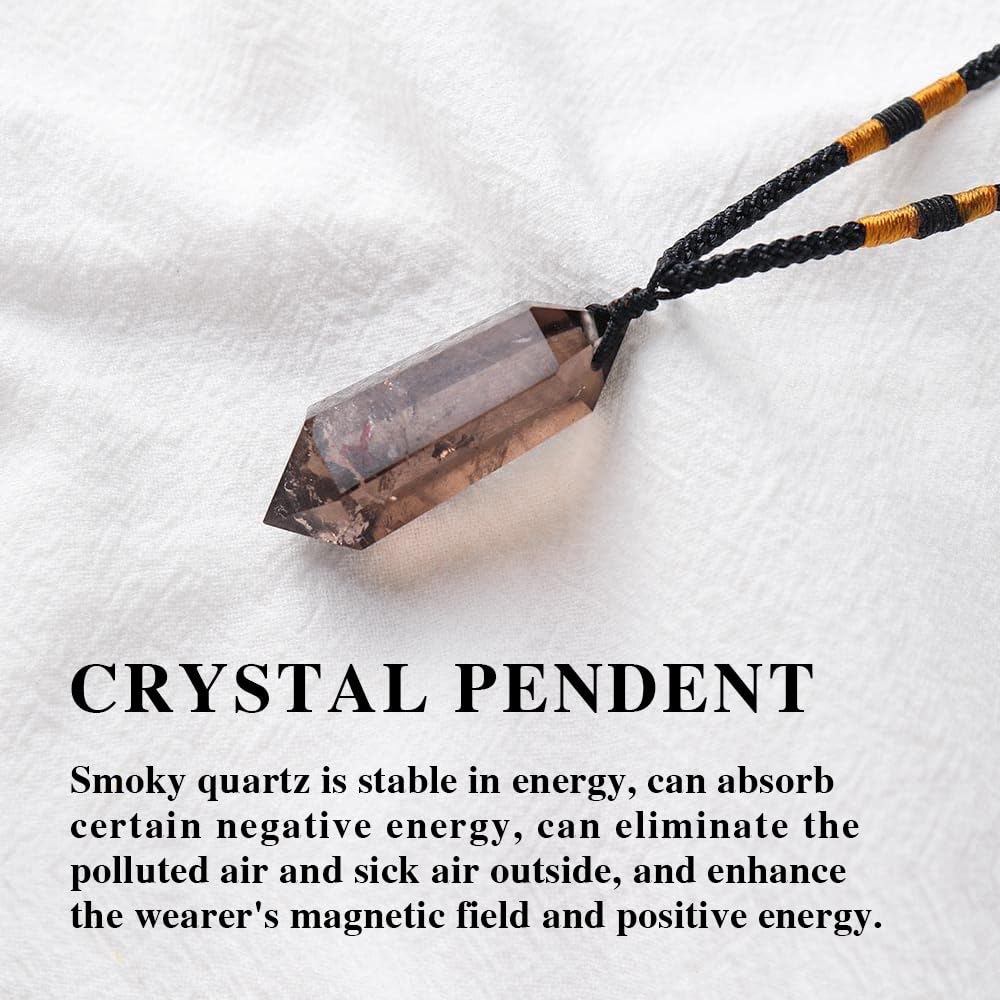 Runyangshi Smoky Quartz Healing Crystal Pendants, Double Pointed Natural Crystal Quartz Necklace 6 Faceted Chakra Crystal Wand S