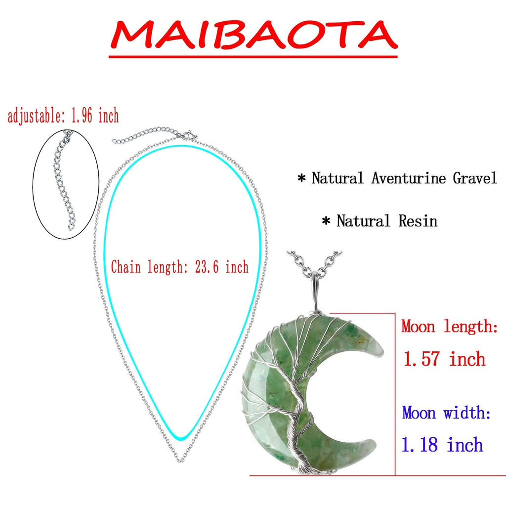 MAIBAOTA Green Aventurine Necklace Healing Crystal Stones Tree Life Wire Wrapped Crescent Moon Phase Pendant Necklace Mothers Da
