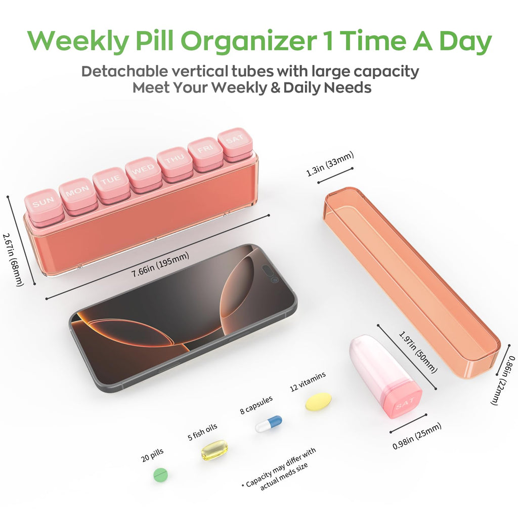 Weekly Pill Organizer 1 Time a Day, HIONXMGA Portable Detachable Travel Pill Box 7 Day, Large Once Daily Pill Holder Case, Color