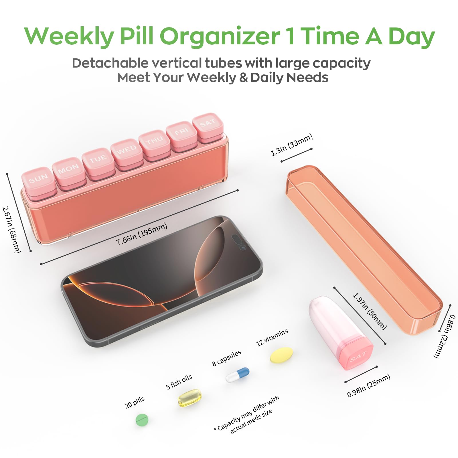 Weekly Pill Organizer 1 Time a Day, HIONXMGA Portable Detachable Travel Pill Box 7 Day, Large Once Daily Pill Holder Case, Color