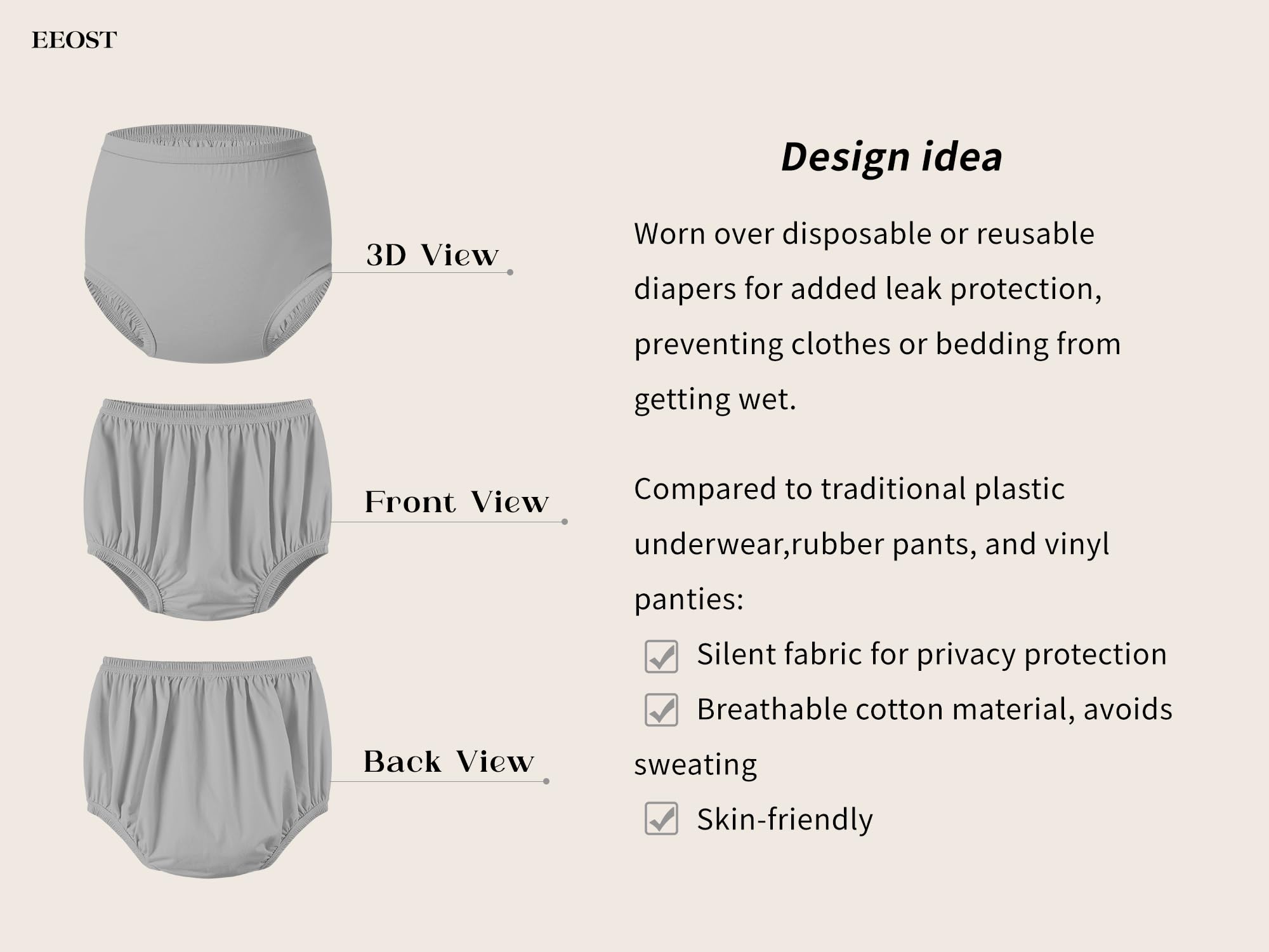 EEOST Adult Diaper Cover for Incontinence Noiseless Leak-Protection Underwear Waterproof Plastic Pants Rubber Pants Lightweight(