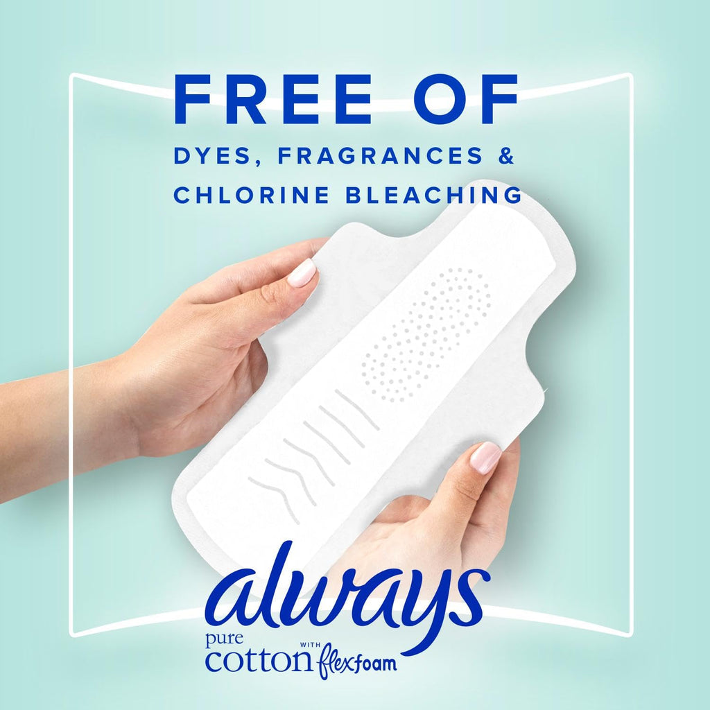 Always Pure Cotton, Feminine Pads For Women, Size 2 Heavy Flow Absorbency, Multipack, With Flexfoam, With Wings, Unscented, 24 C