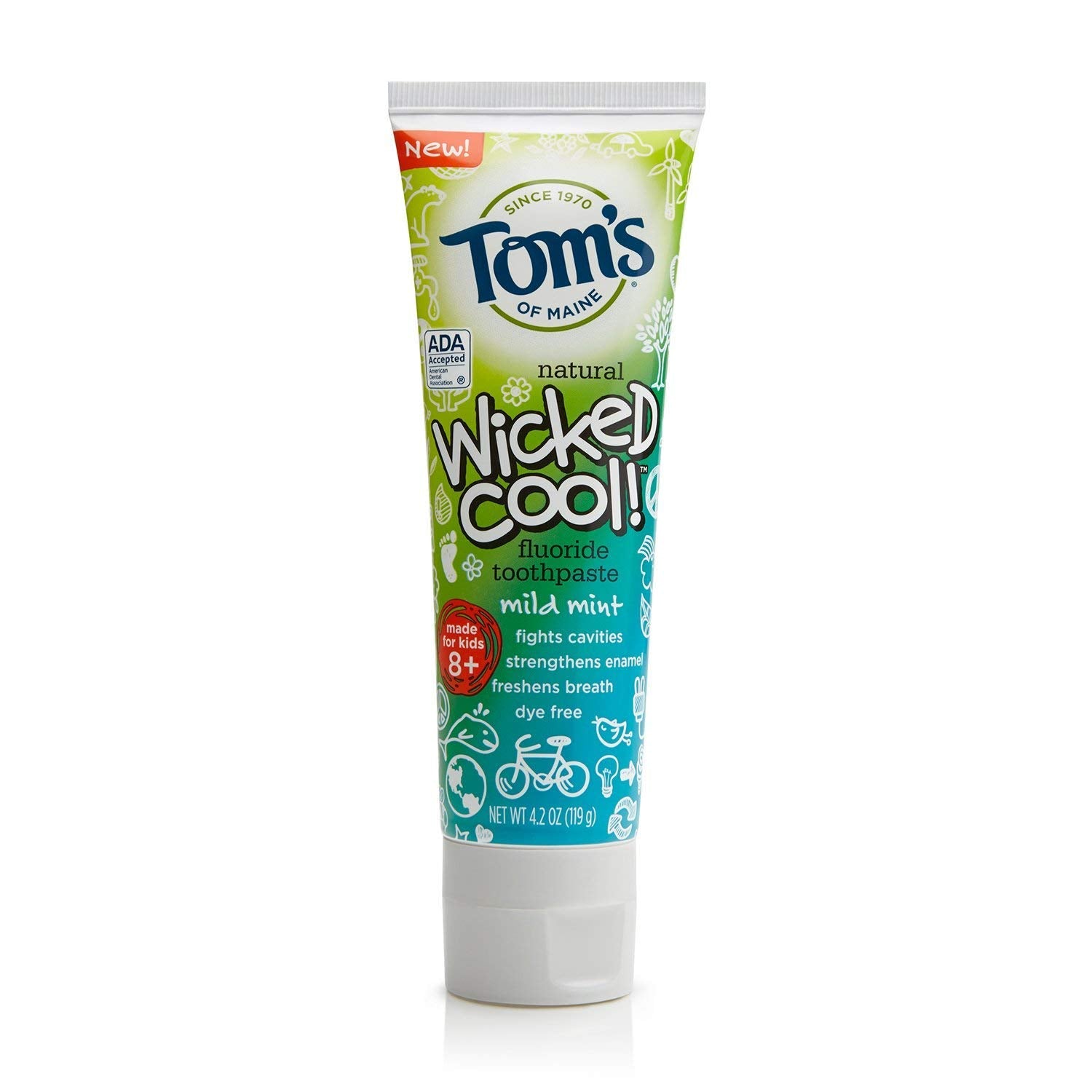 Toms of Maine Wicked Cool! Toothpaste Anticavity with Fluoride, Mild Mint 4.2 oz (Pack of 4)