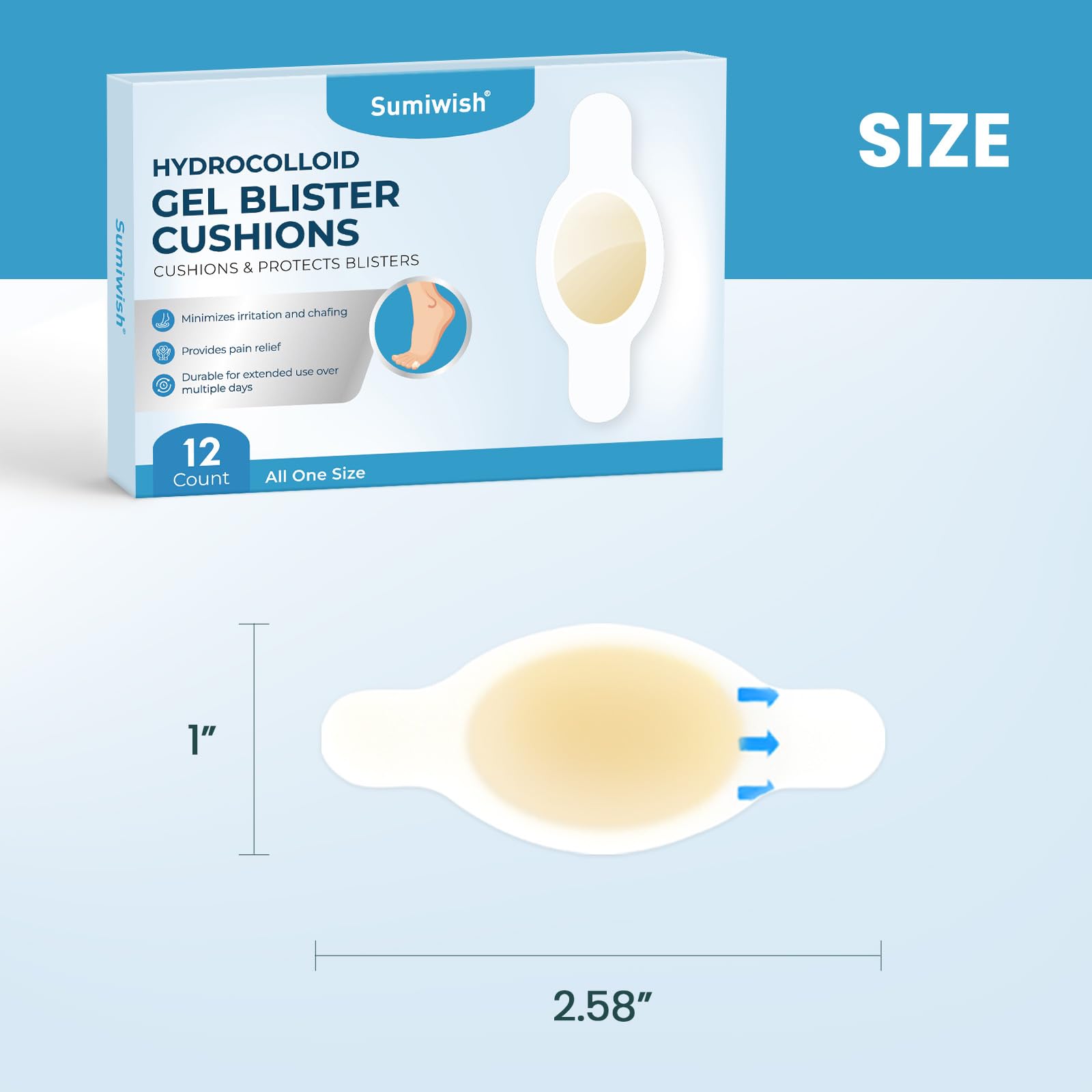 Sumiwish Hydrocolloid Blister Bandages for Feet - Extra Cushioning for Foot, Toe, & Heel Protection - Ideal for Blister Preventi