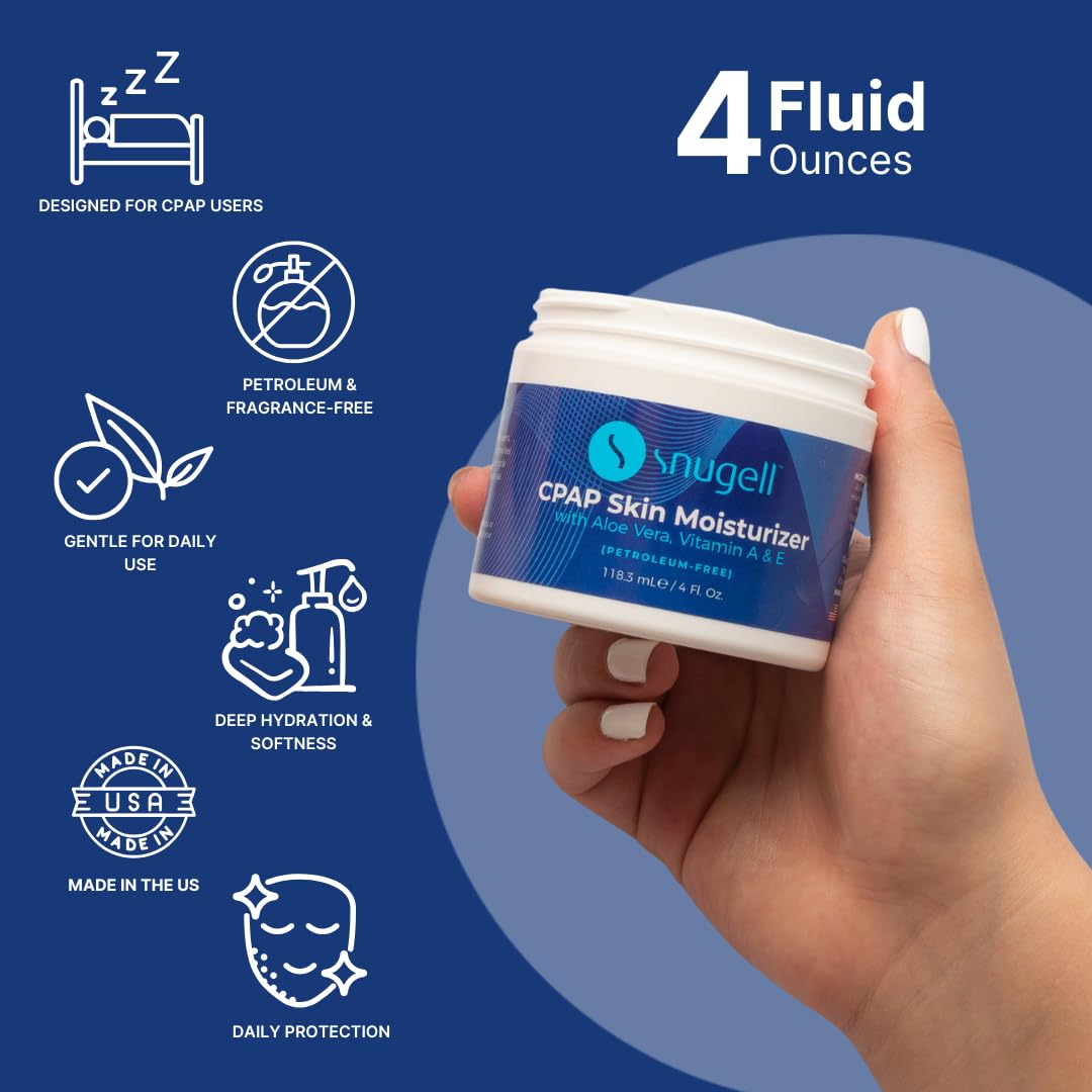 Snugell CPAP Skin Moisturizer Daily Face Cream - 4 Fl. Oz. Each - Aloe Vera, Vitamin A & E - Petroleum-Free Formula - Hydrates &