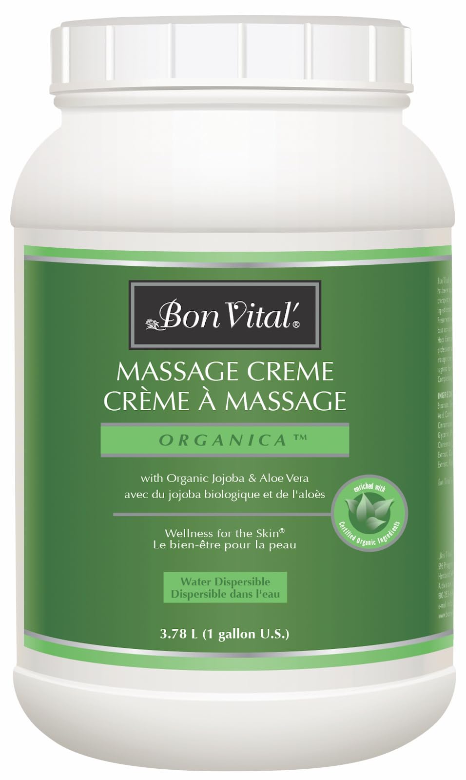 Bon Vital Organica Massage Creme, Professional Massage Therapy Cream with Certified Organic Ingredients for Earth-Friendly Mass