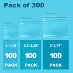 300 Packs Small Pill Bags, 6 mil Sturdy 3 Assorted Sizes 2x1.85, 2.5x2.25, 3x2.75 Plastic Bags, Reusable Bags Clear Zip Ba
