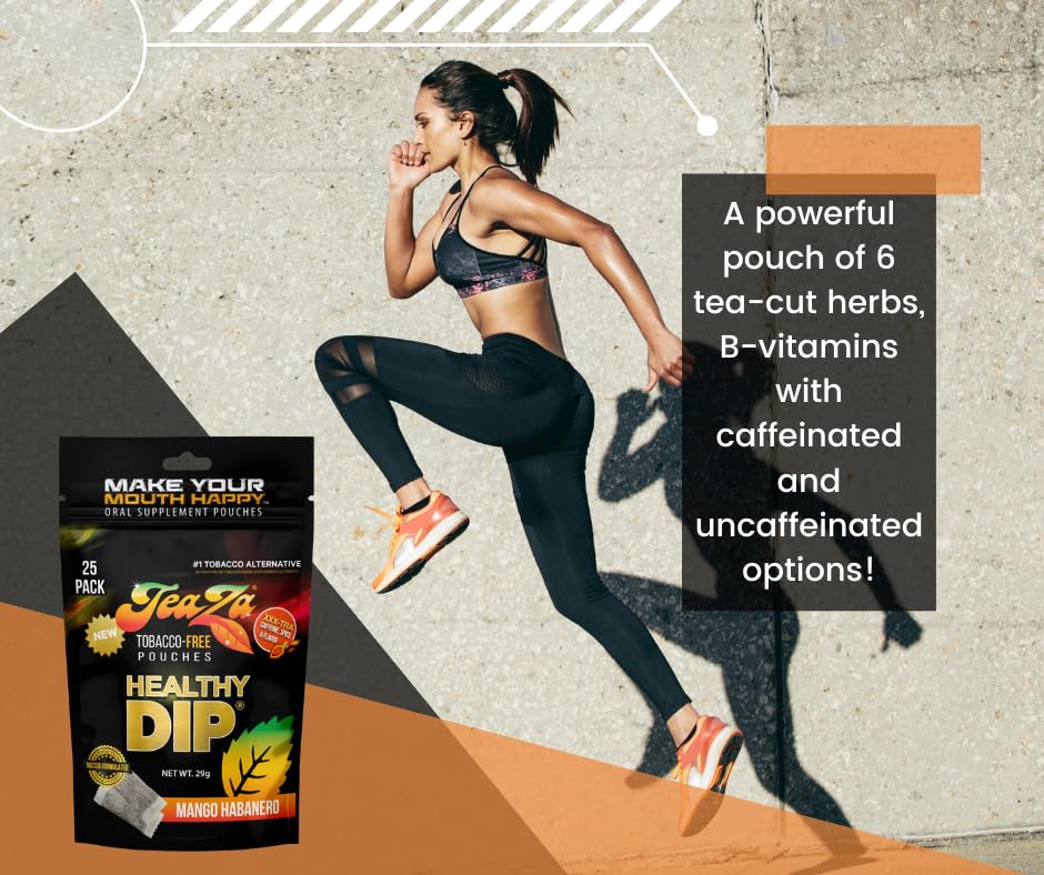Teaza Energy Pouches Tobacco Alternative Nicotine Free Dip, Smokeless Alternative Snuff Healthy Dip, Mango Habanero (8 Pack) Tob