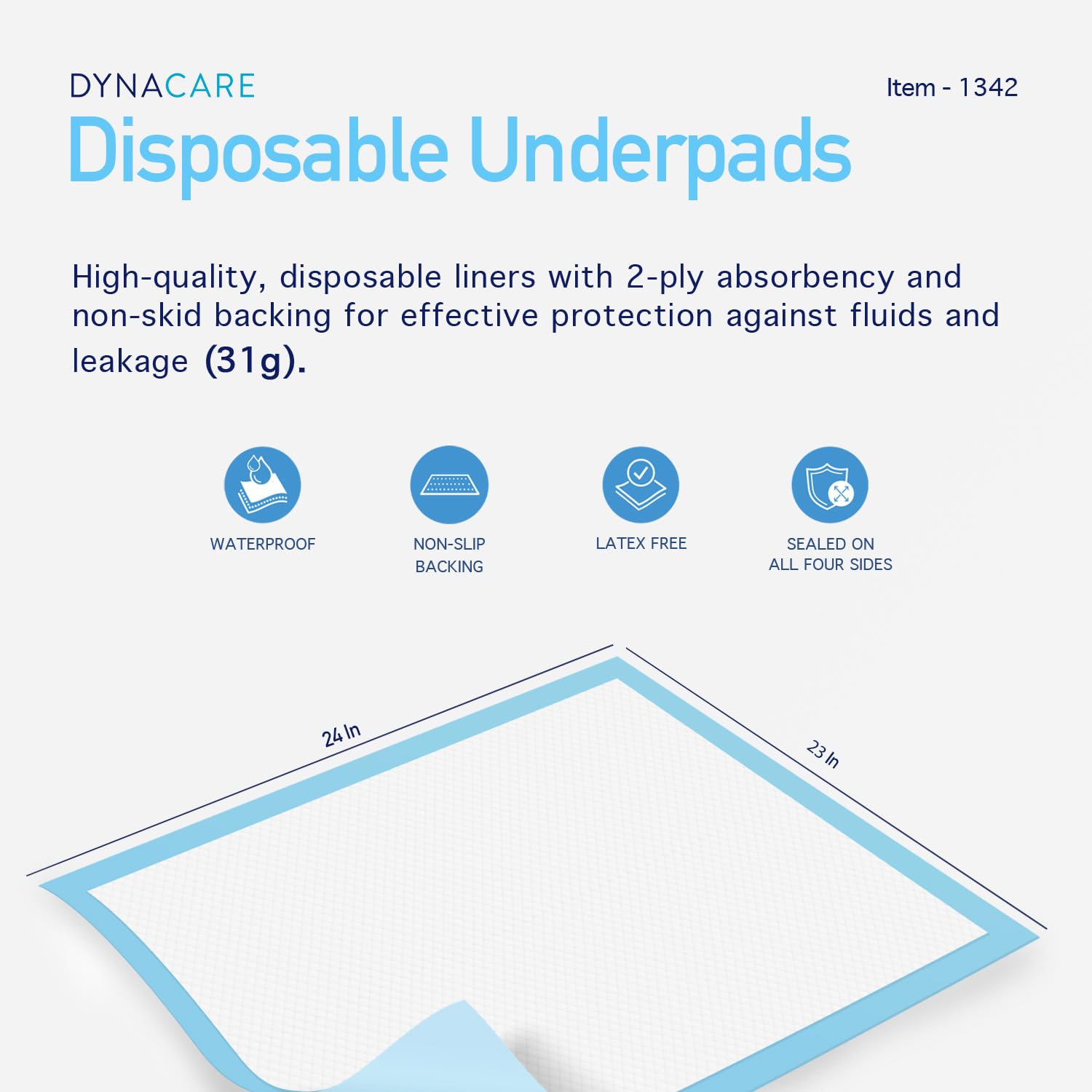 Dynarex Disposable Underpads, Medical-Grade Incontinence Bed Pads to Protect Sheets, Mattresses, and Furniture, 23   x24    (31g