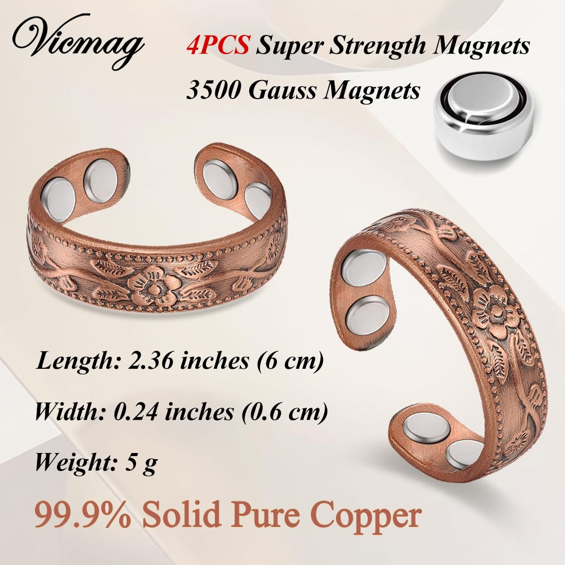 Vicmag Copper Magnetic Ring for Women 99.9% Copper Finger Ring Strong Magnet Ring Copper Jewelry Gift Adjustable