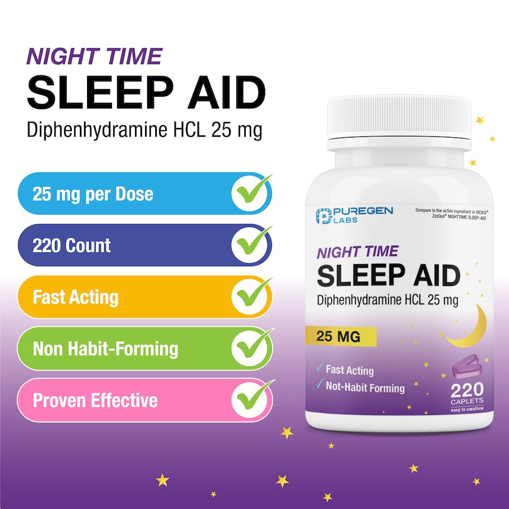 Puregen Labs Sleep Aid Caplets, Diphenhydramine HCl 25mg - 220 Count | Supports Deeper, Restful Sleeping, Non Habit-Forming | Ma