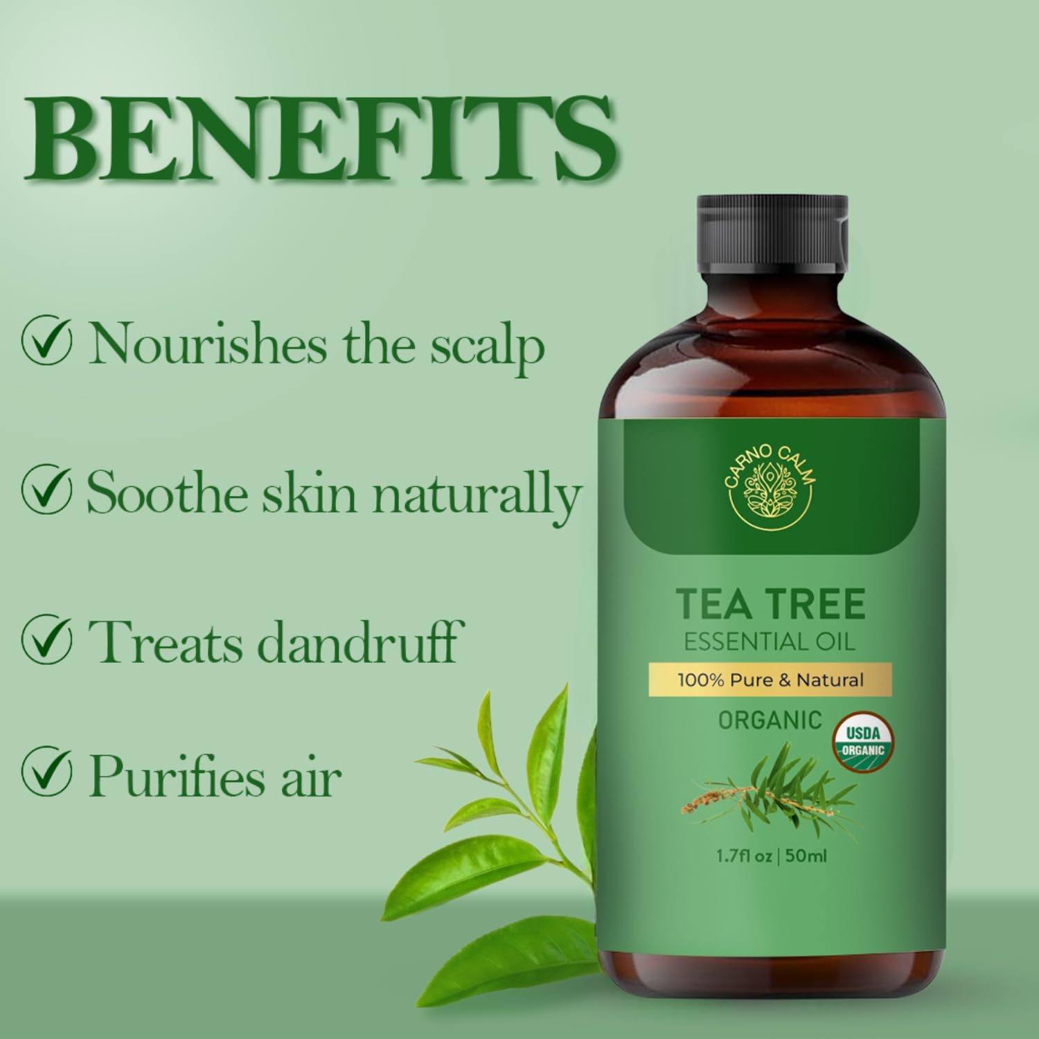 Carno Calm Tea Tree Essential Oil | USDA Certified Organic Tea Tree Oil | for Aromatherapy & Diffuser | Skin and Hair | Ideal fo