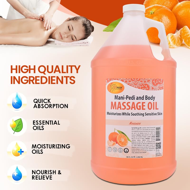 SPA REDI - Mandarin Scented Massage Therapy Oil, 128 Oz - Full Body Massage, Almond, Cotton Seed, Sunflower, Avocado & Essential