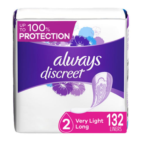 Always Discreet Adult Incontinence & Postpartum Liners For Women, Size 2, Very Light Absorbency, Long Length, 44 Count x 3 Packs