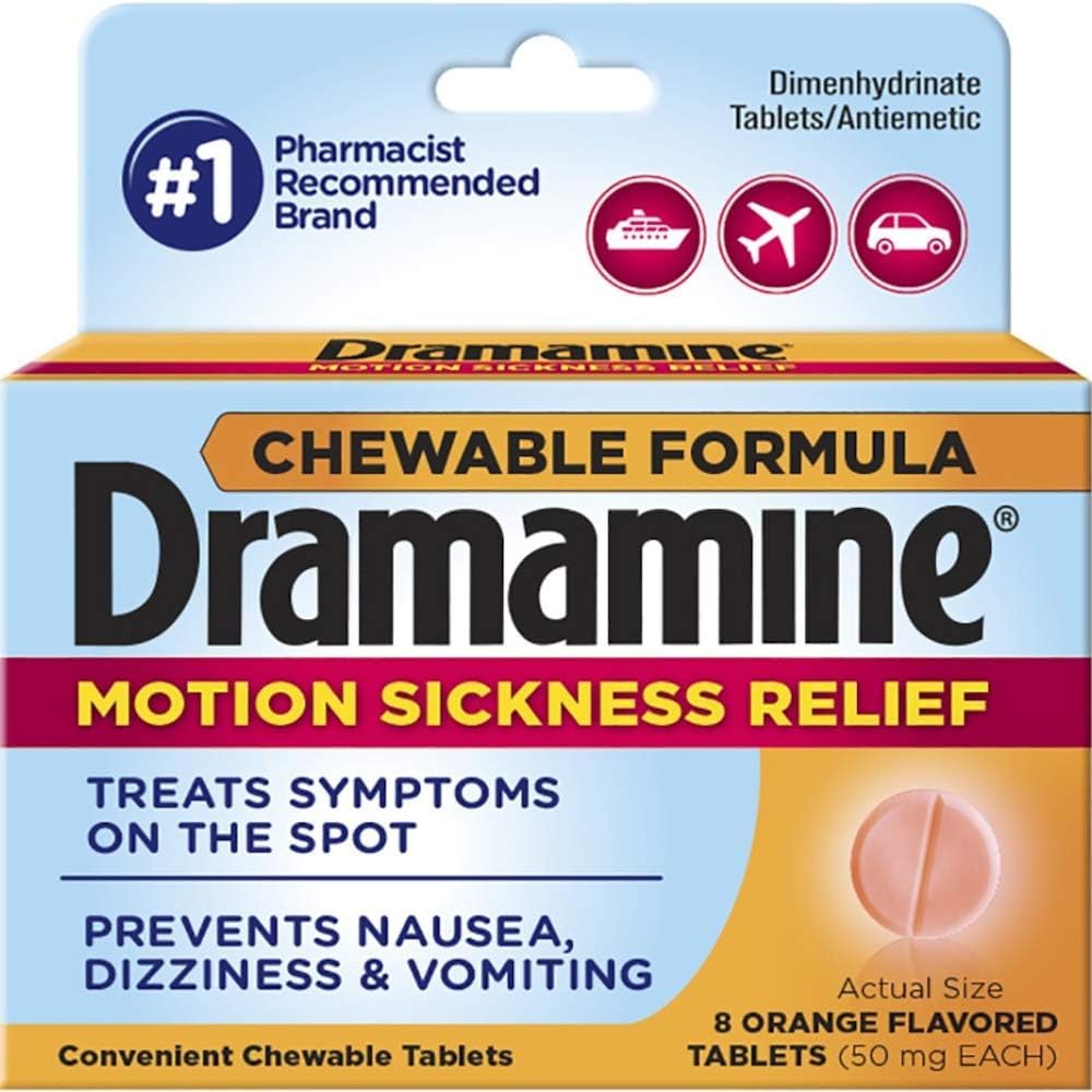 Dramamine Chewable Formula Motion Sickness Relief, 8 Orange Flavored Tablets each (Value Pack of 2)