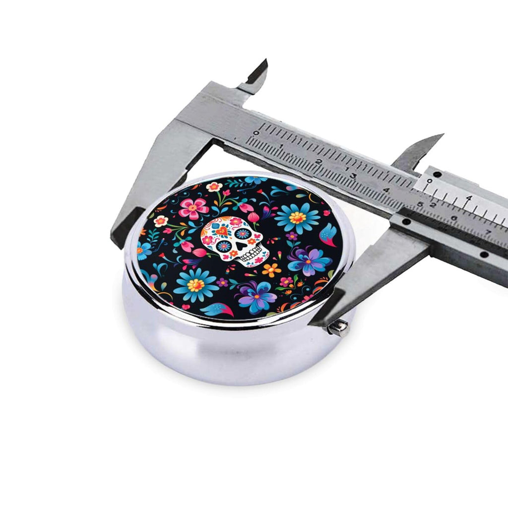 keluki Mexican Sugar Skulls Flowers Print Round Metal Pill Box with 3 Compartment for Pocket or Purse Travel Bag Mini Small Size