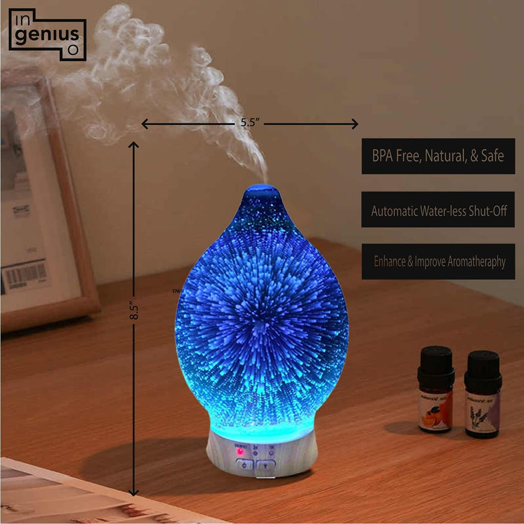 Aromatherapy Essential Oil Diffuser for Therapeutic Oils, w/ 3D Glass Vase | Cool Mist Difusor for Bedroom | LED Color Light Dis