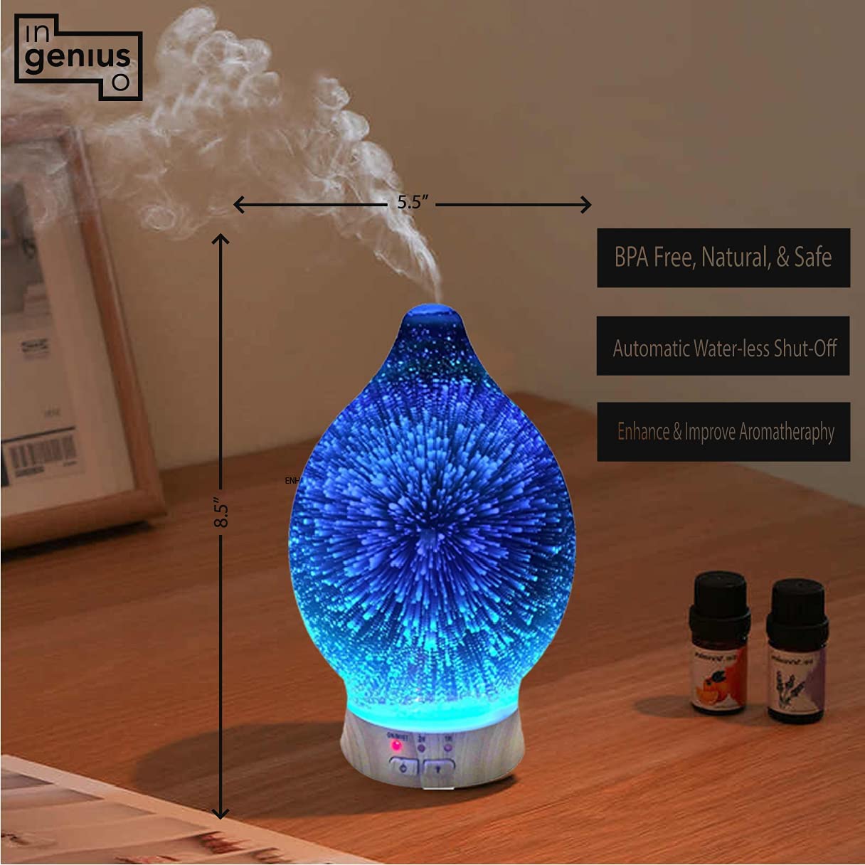 Aromatherapy Essential Oil Diffuser for Therapeutic Oils, w/ 3D Glass Vase | Cool Mist Difusor for Bedroom | LED Color Light Dis