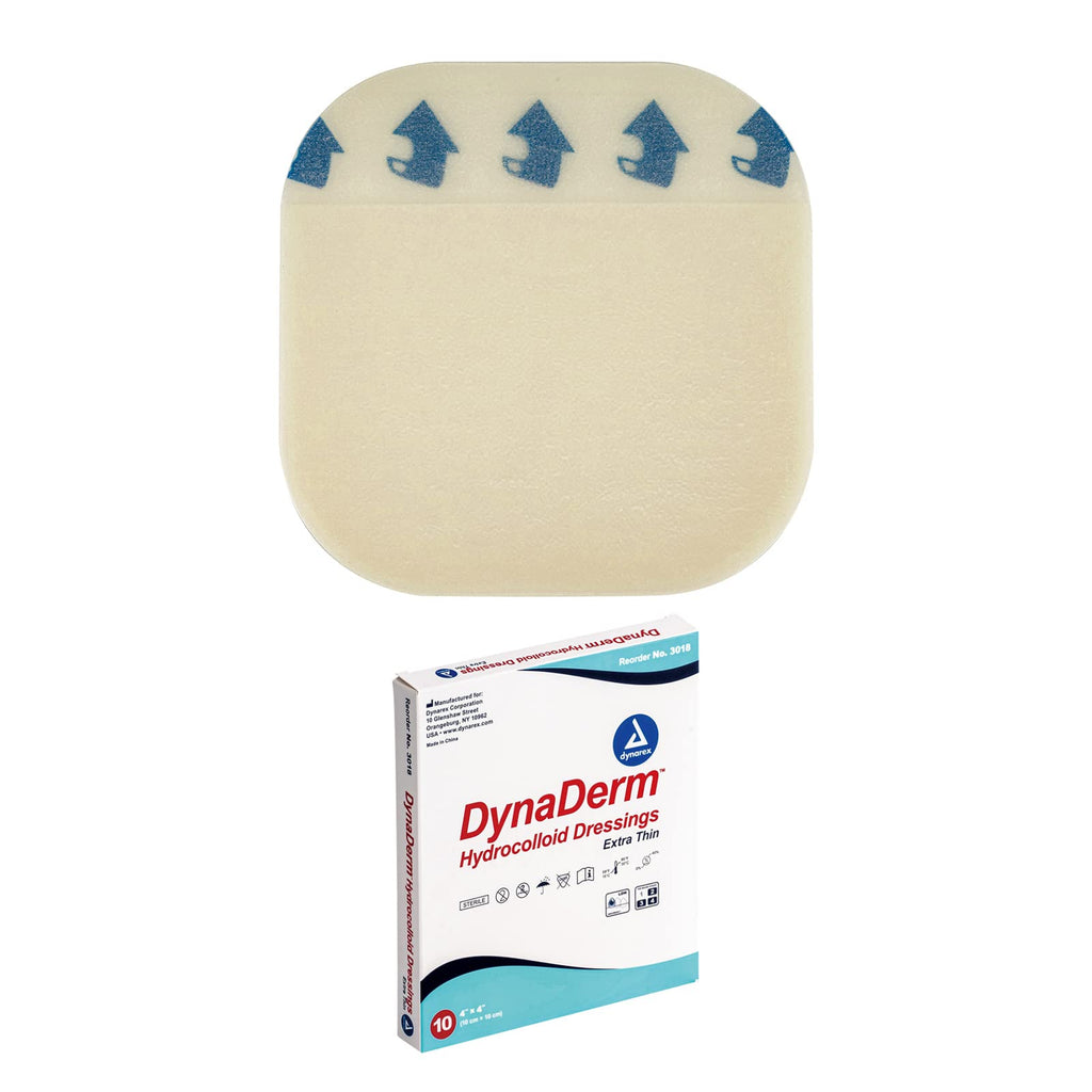 Dynarex DynaDerm Hydrocolloid Dressings, Sterile Moist Bandages Used for All Kinds of Wounds, 4'' x 4'', X-Thin & Latex-Free, Pe