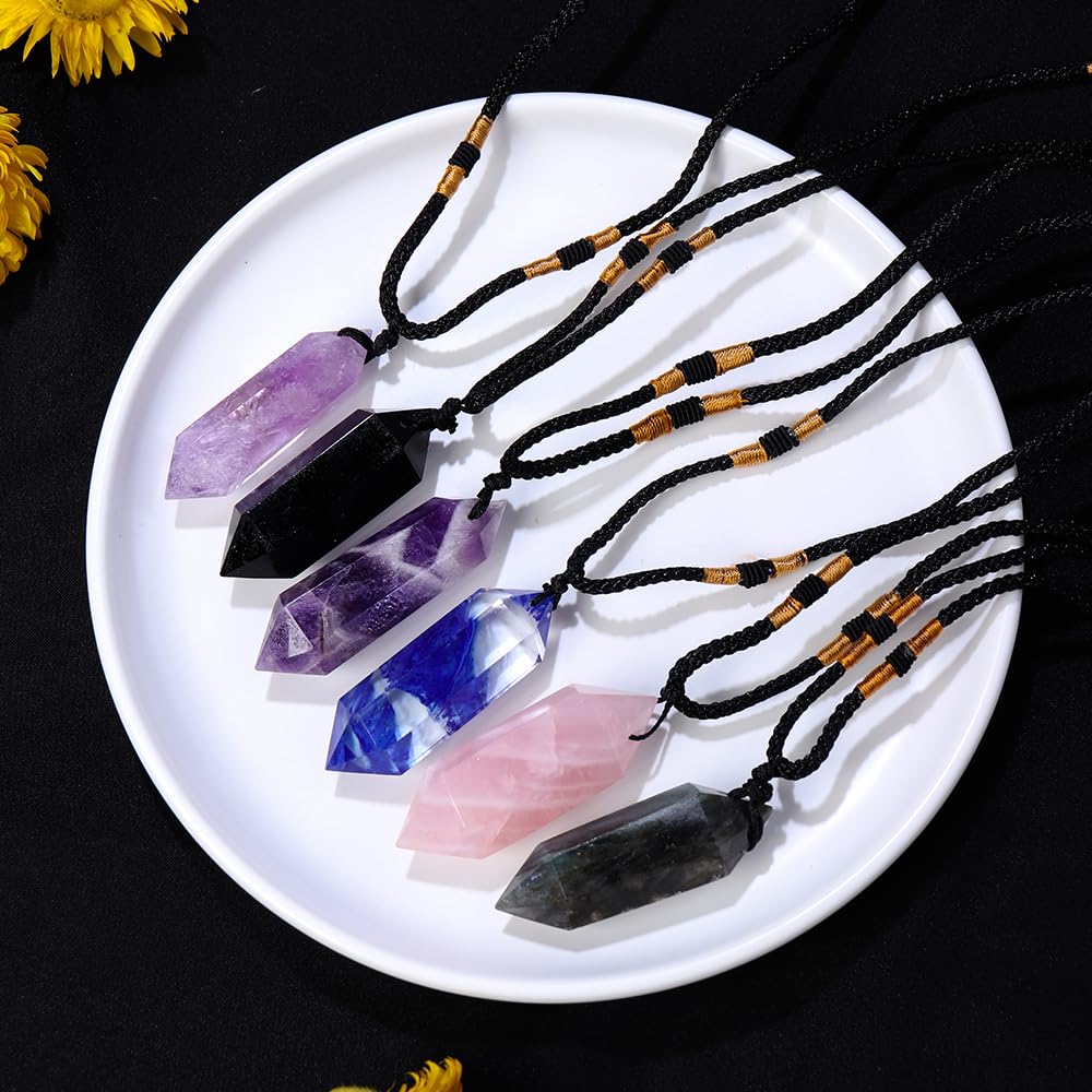 Runyangshi Black Obsidian Healing Crystal Pendants, Double Pointed Natural Crystal Quartz Necklace 6 Faceted Chakra Crystal Wand