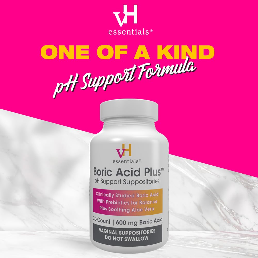 vH essentials Boric Acid Plus Vaginal Suppositories, Prebiotic Infused with Soothing Aloe Vera, pH Support Formula Fights Odor a