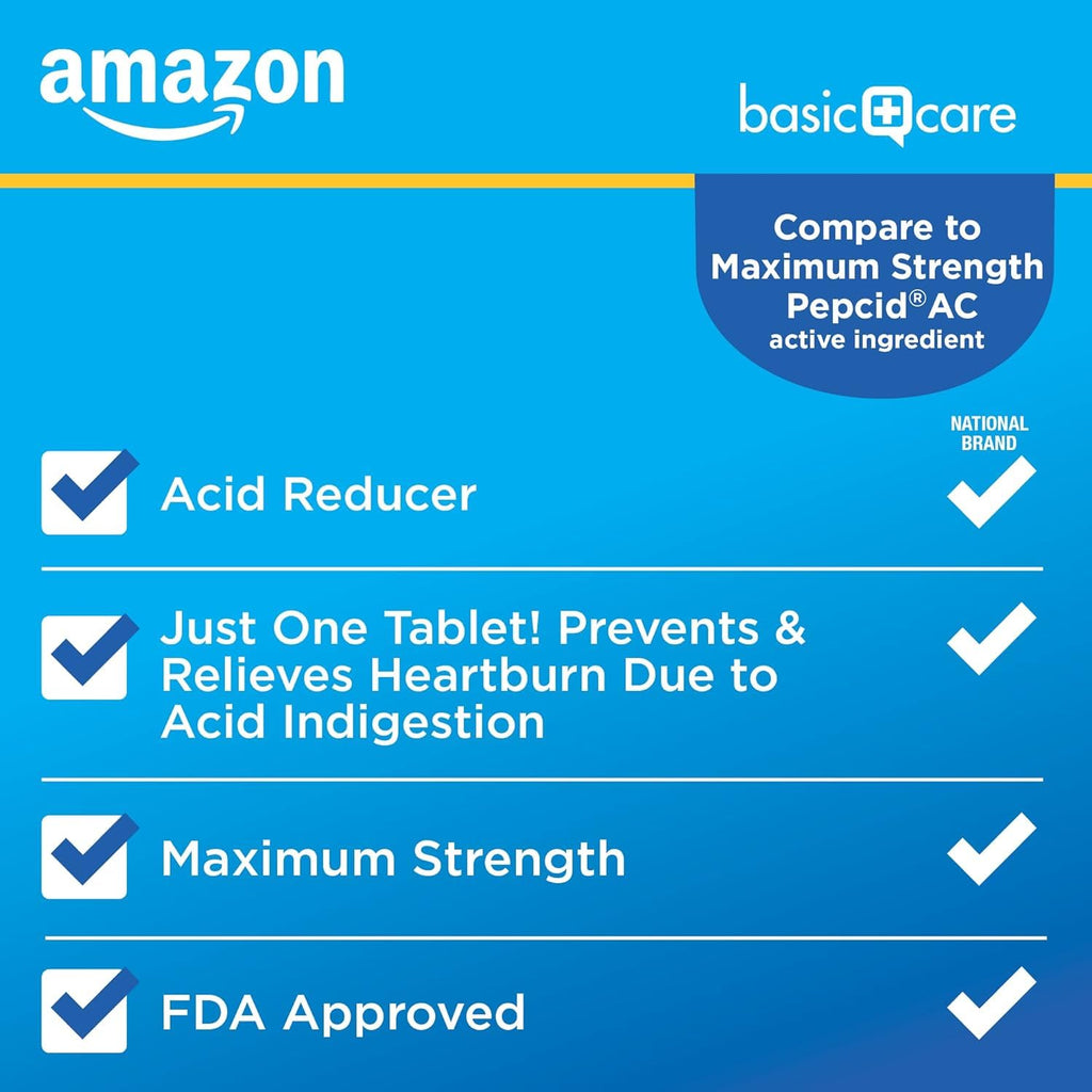Amazon Basic Care Maximum Strength Famotidine Tablets 20 mg, Acid Reducer for Heartburn Relief, 25 Count (Packaging may vary)