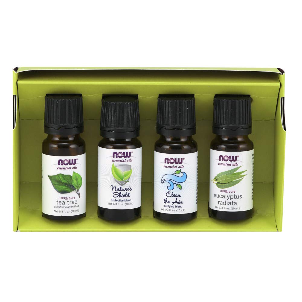 NOW Essential Oils, Seasonal Changes Balancing Aromatherapy Kit, 4x10ml Including Tea Tree, Eucalyptus Radiata, Clear the Air an
