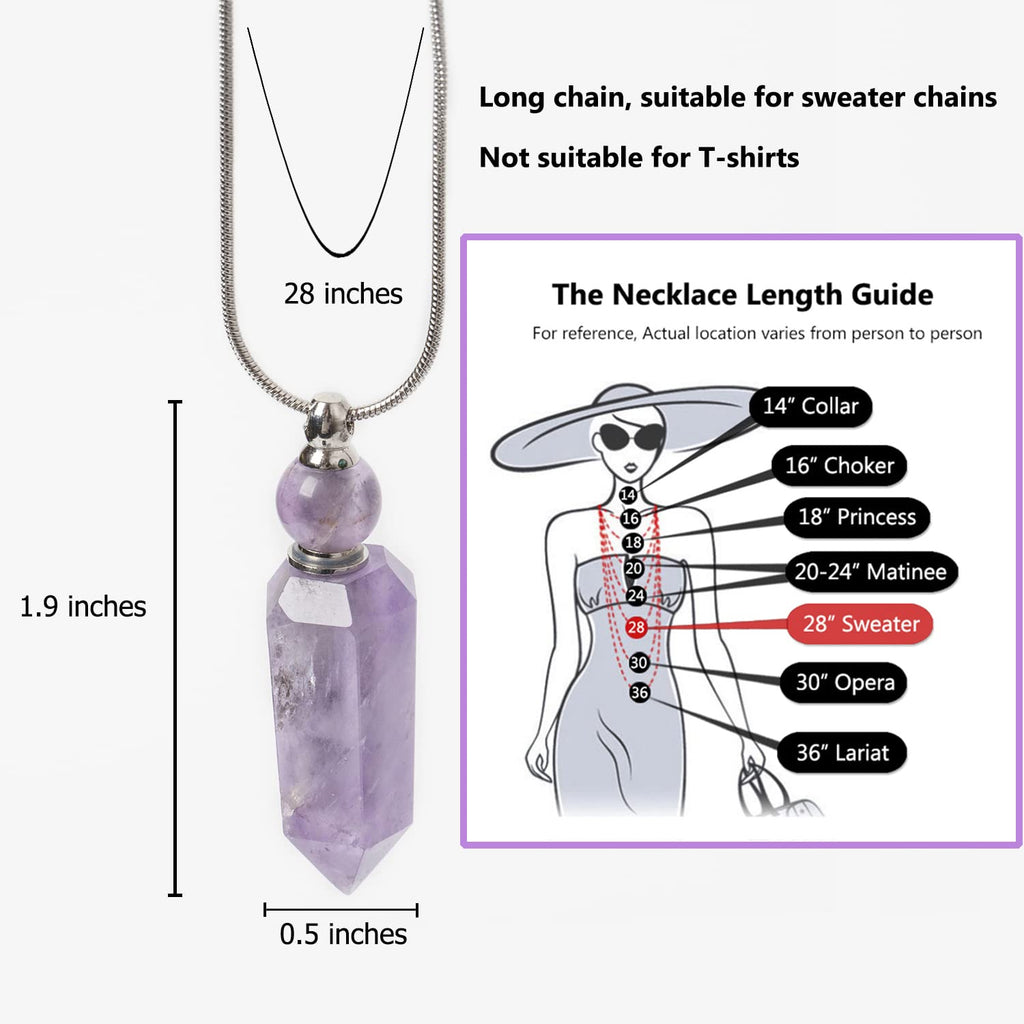 AMOYSTONE 1P Natural Amethyst Necklace Long Chain, Healing Oil Crystals Perfume Necklace Aromatherapy Bullet Shape Pendant Women