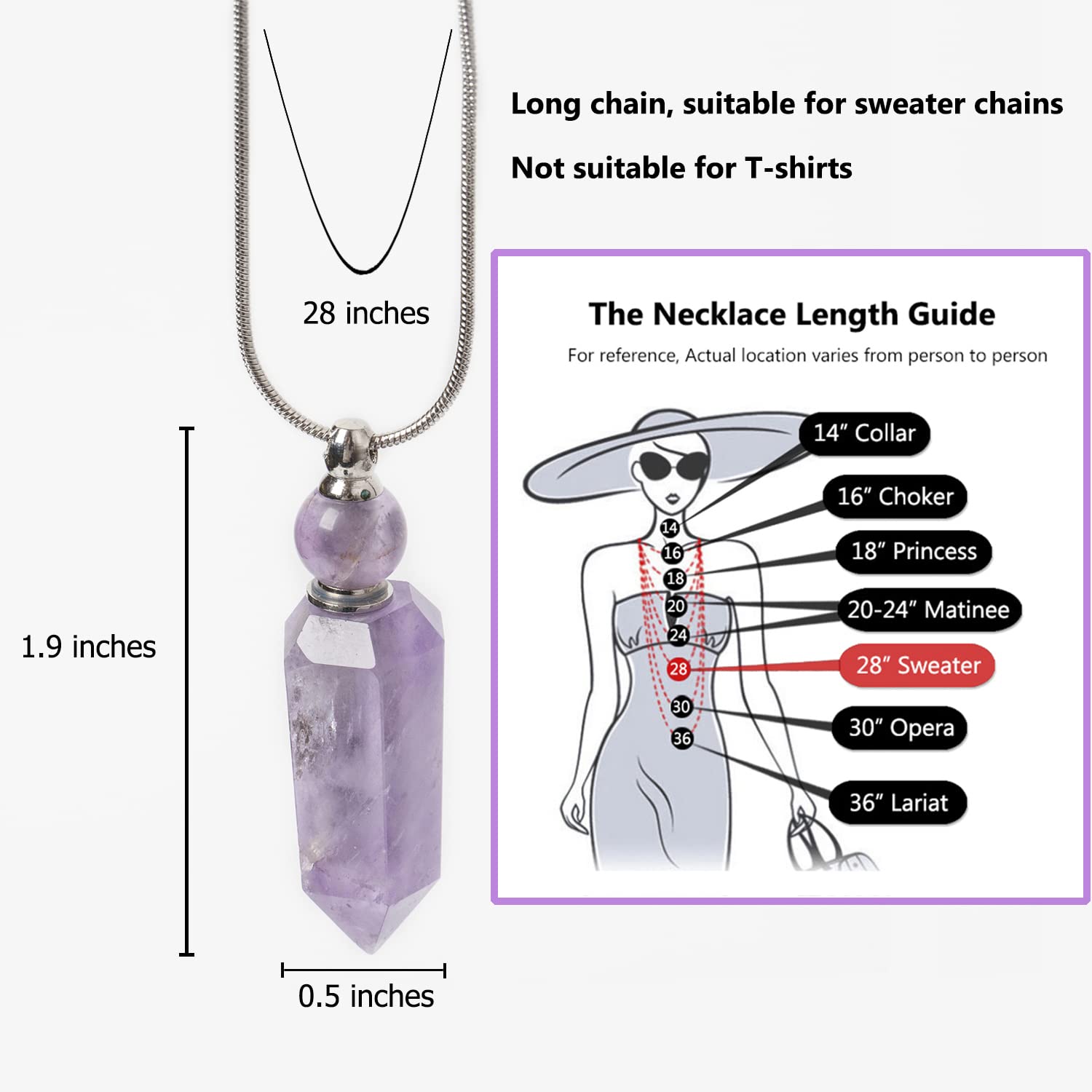 AMOYSTONE 1P Natural Amethyst Necklace Long Chain, Healing Oil Crystals Perfume Necklace Aromatherapy Bullet Shape Pendant Women