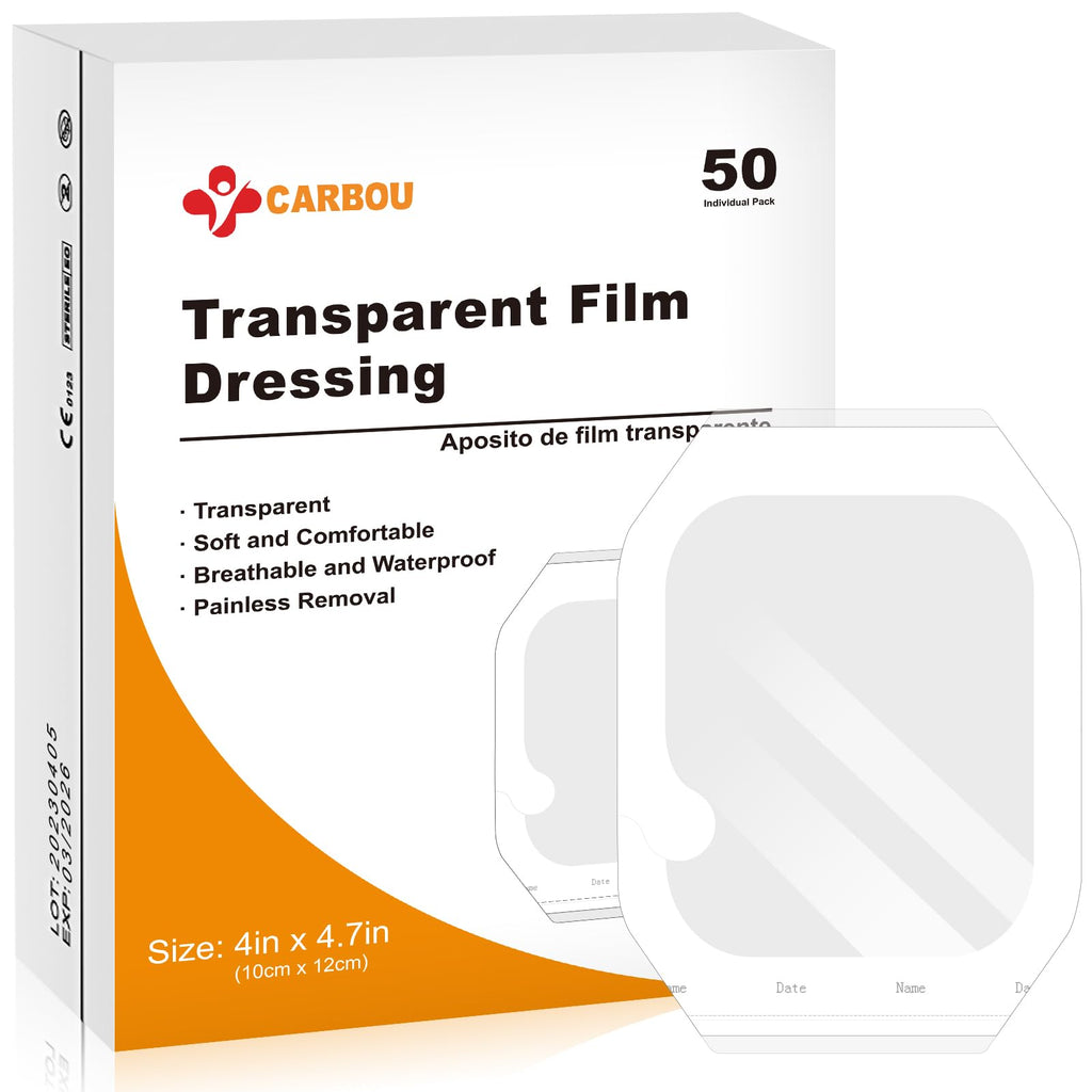 Carbou Transparent Film Dressing,4 x 4.75 Pack of 50 Waterproof Wound Bandage Adhesive Patches,Post Surgical Shower or IV Shield