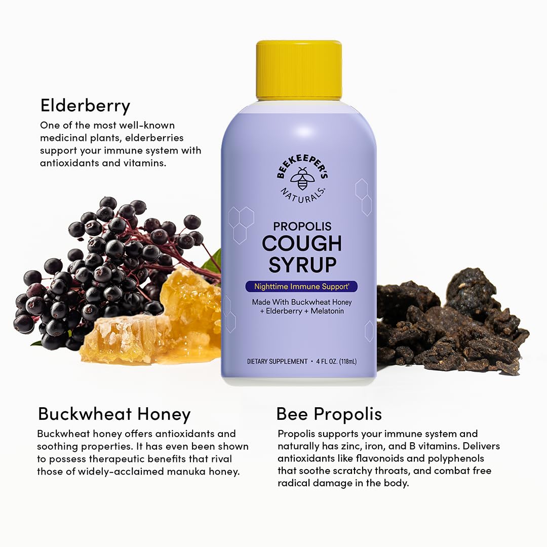 BEEKEEPERS NATURALS B.Better Nighttime Cough Syrup for Adults - Elderberry Extract, Bee Propolis Extract, Buckwheat Honey - Immu